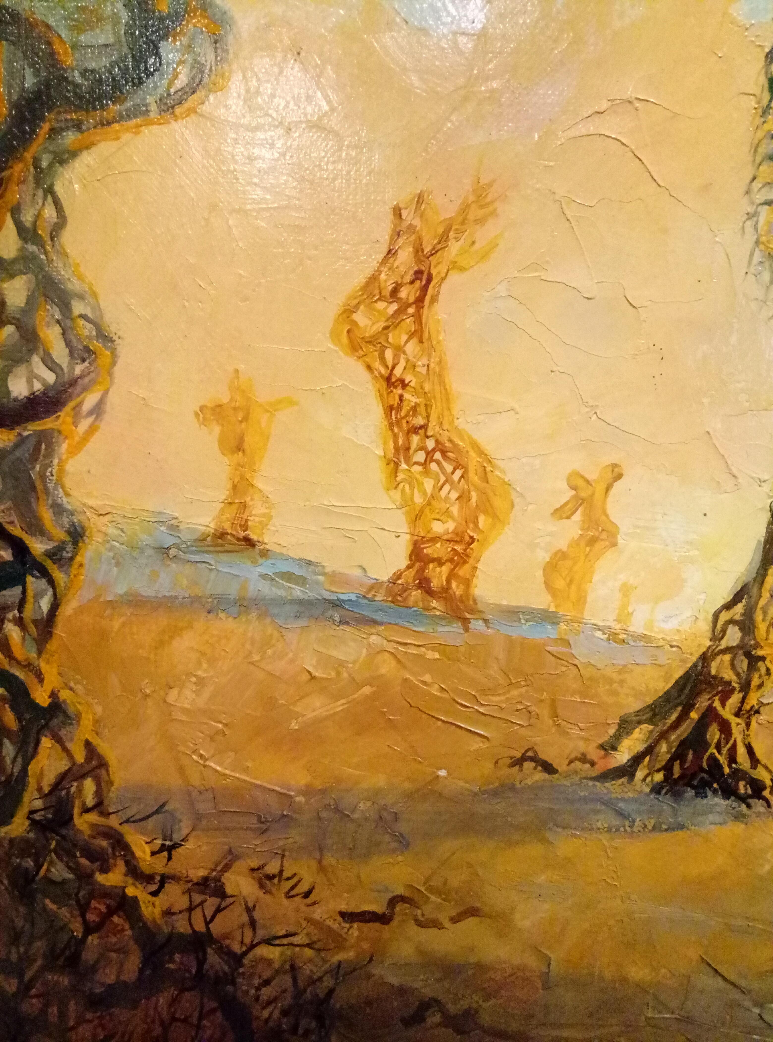 Sono stata ispirata a dipingere questo quadro dalle ragazze che, su una spiaggia per nudisti, si sono bloccate a terra, come alberi. Di conseguenza, li ho incontrati, sono diventati le mie muse e li ho ripetutamente dipinti nudi nella serie
