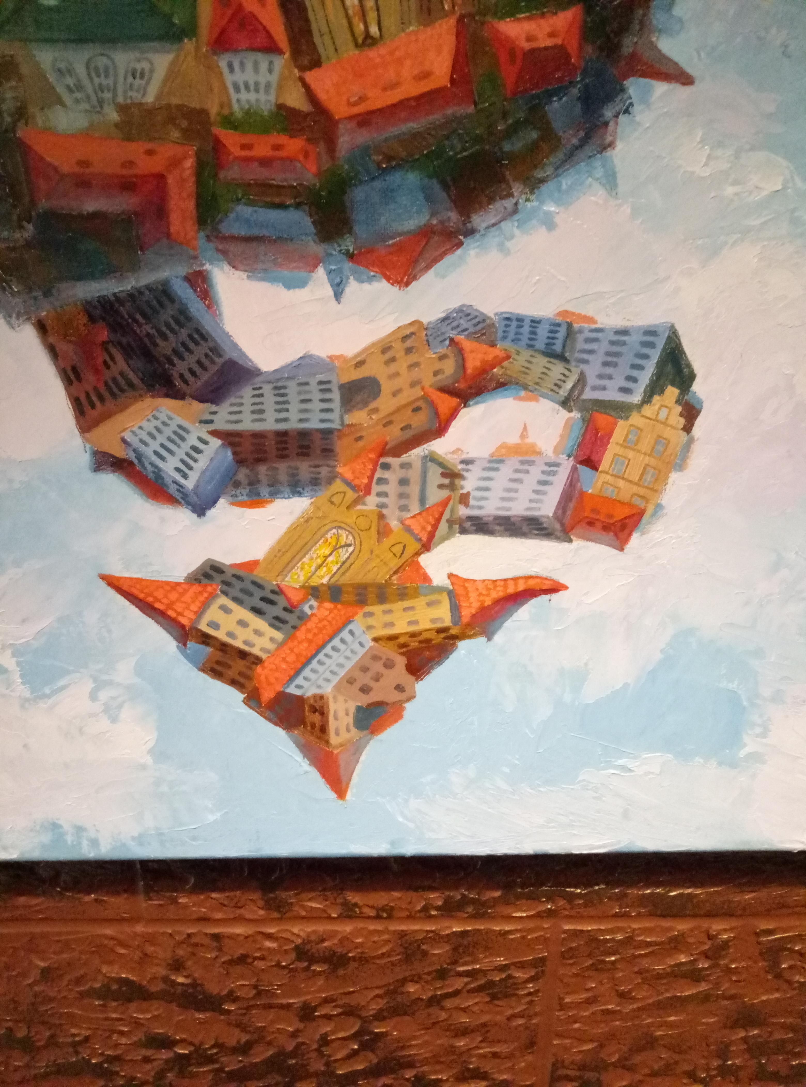 In this painting, I've swirled a traditional landscape into a floating, serpentine form, blending the realistic with the surreal. Each building, painted meticulously in oil, seems to twist into the future, representing the continuous cycle of time