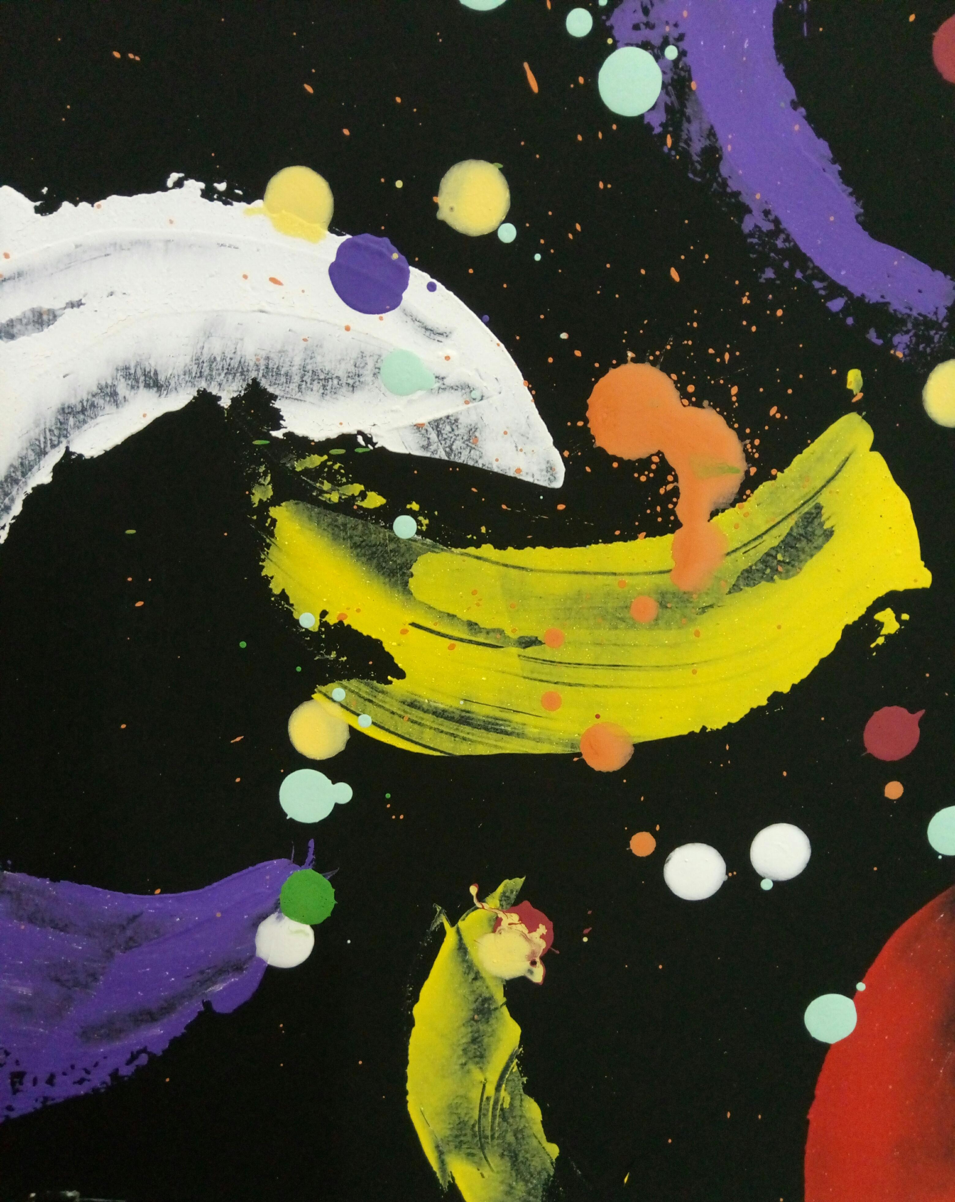     This painting was inspired by a trip to Bhutan. There I was thinking about life near the lake. And suddenly the water turned into a bright bubbling water, they were bright koi. I really like to paint abstract pictures. I paint them with the
