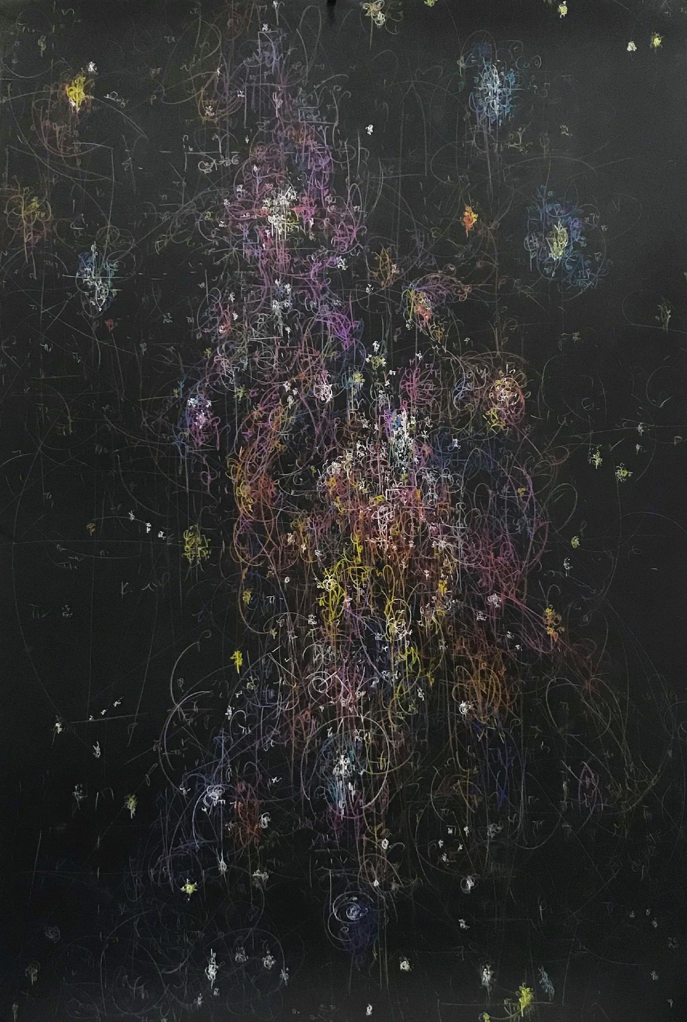 Kysa Johnson Abstract Painting - blow up 228 - the long goodbye - subatomic decay patterns and the Orion Nebula