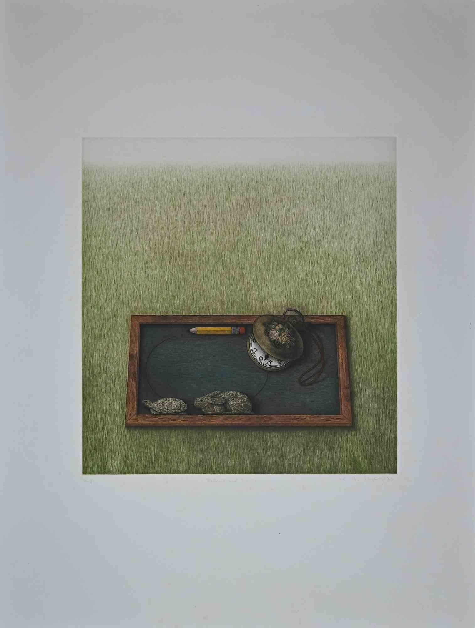 Rabbit and Turtle is an original artwrok realized by Kyu-Baik Hwang in 1983.

Hand signed, titled and dated on the lower margin.

Mixed colored etching and aquatint.

Artist's proof (as reported on the lower left.

Good conditions.

Kyu-Baik Hwang