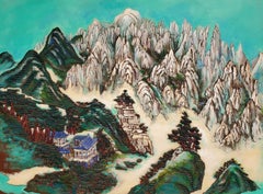 The Diamond Mountain, mixed media painting of mountain-scape, teal and green