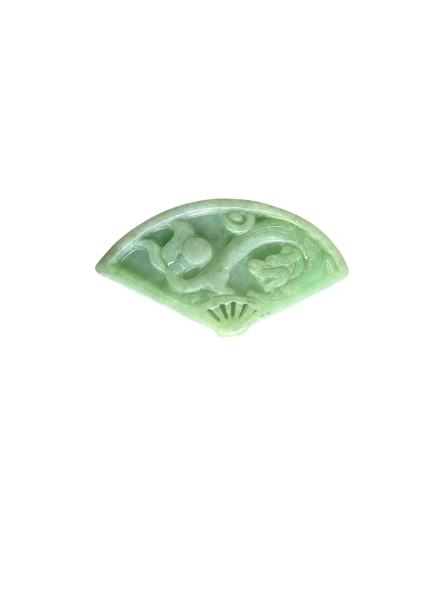 Kyushu Carved Dragon Burmese Green A-Jadeite Fan Ornament Showpiece with Stand For Sale 5