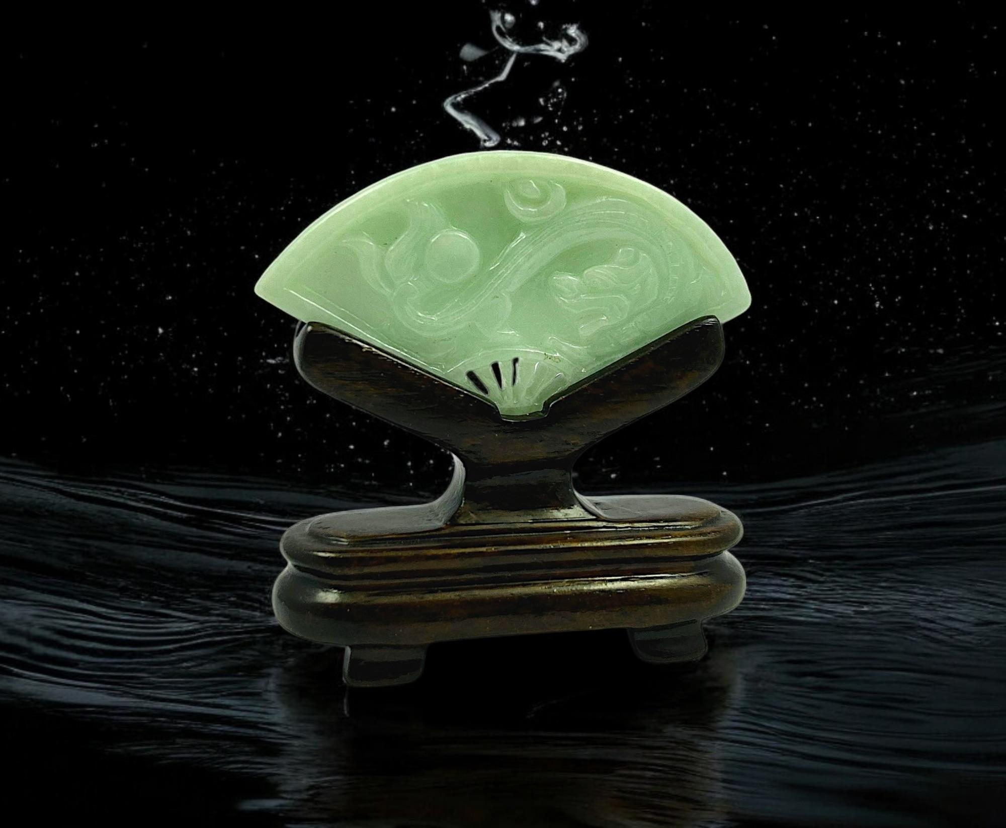 Women's or Men's Kyushu Carved Dragon Burmese Green A-Jadeite Fan Ornament Showpiece with Stand For Sale