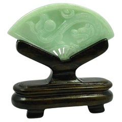 Kyushu Carved Dragon Burmese Green A-Jadeite Fan Ornament Showpiece with Stand