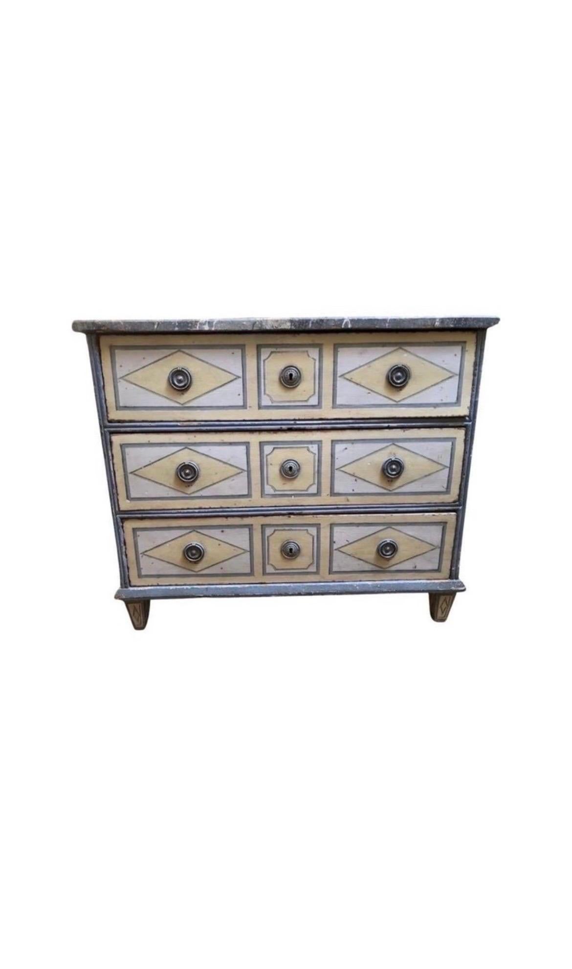 French Provincial L. 18th Century Antique French Paint Decorated 3-Drawer Chest With Faux Mable 