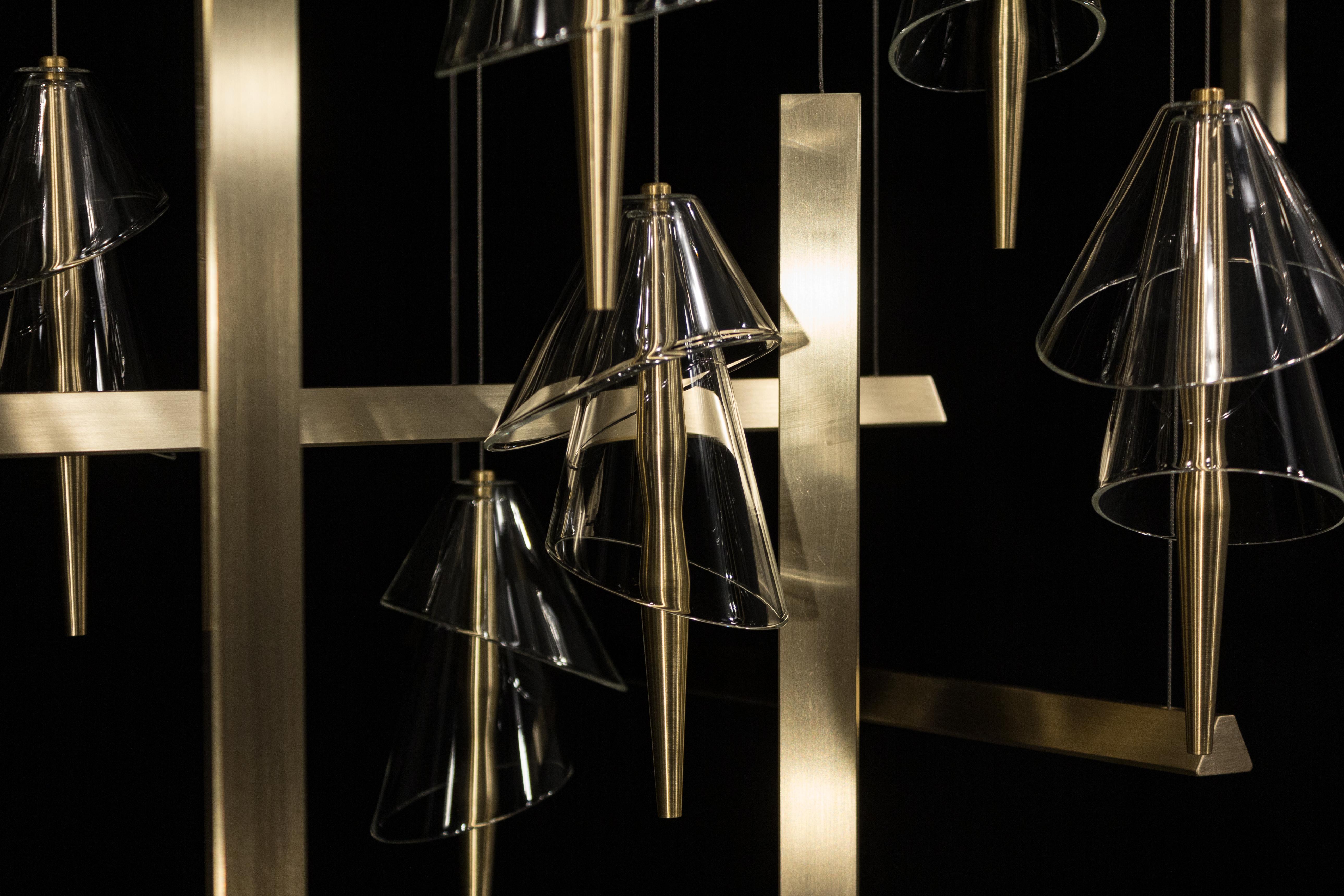 Brass L 2500 Prisms with Ballerinas Pendant Lamp C by Tanuj Arora For Sale
