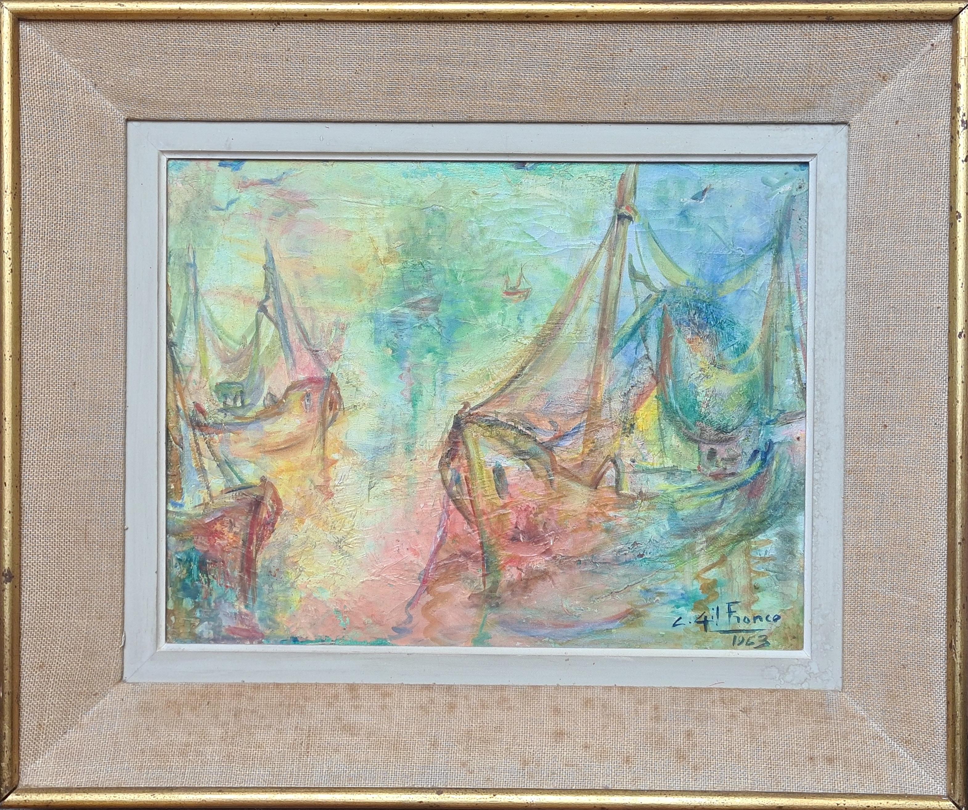 Dream Boats, French Impressionist Oil on Canvas - Painting by L 4il France