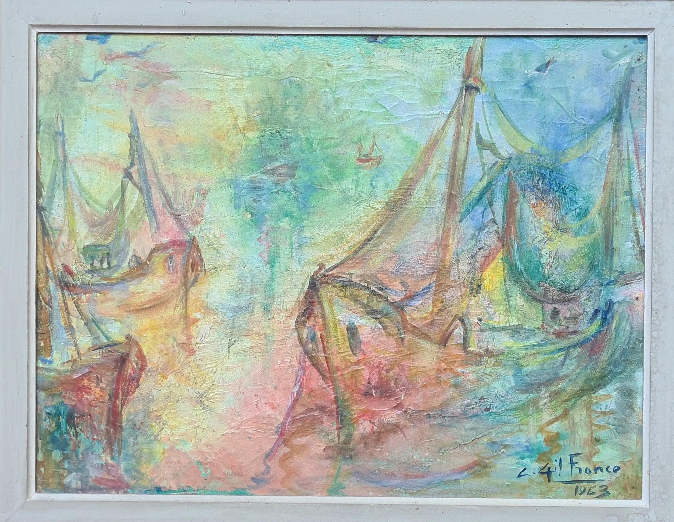 Dream Boats, French Impressionist Oil on Canvas - Gray Landscape Painting by L 4il France