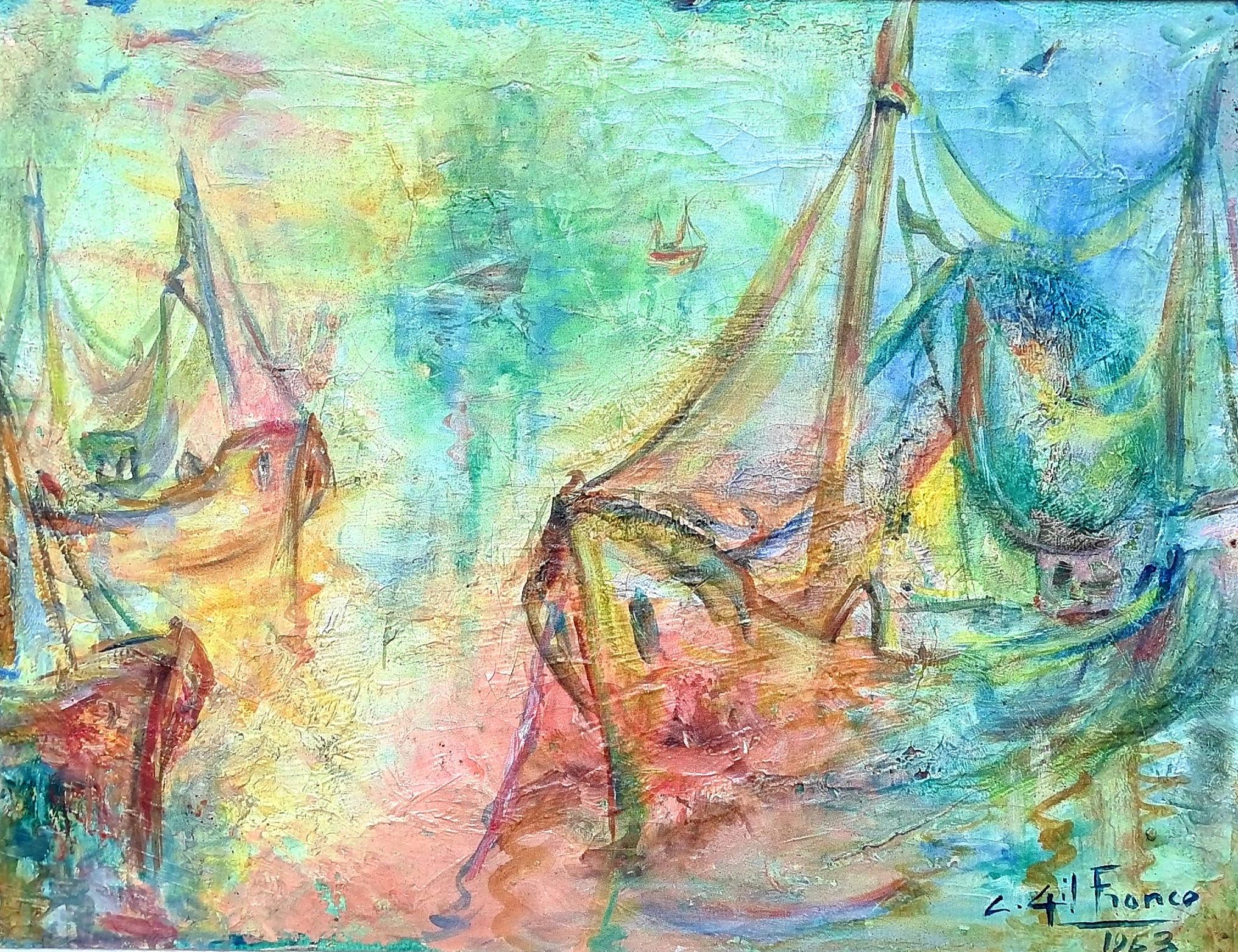 L 4il France Landscape Painting - Dream Boats, French Impressionist Oil on Canvas