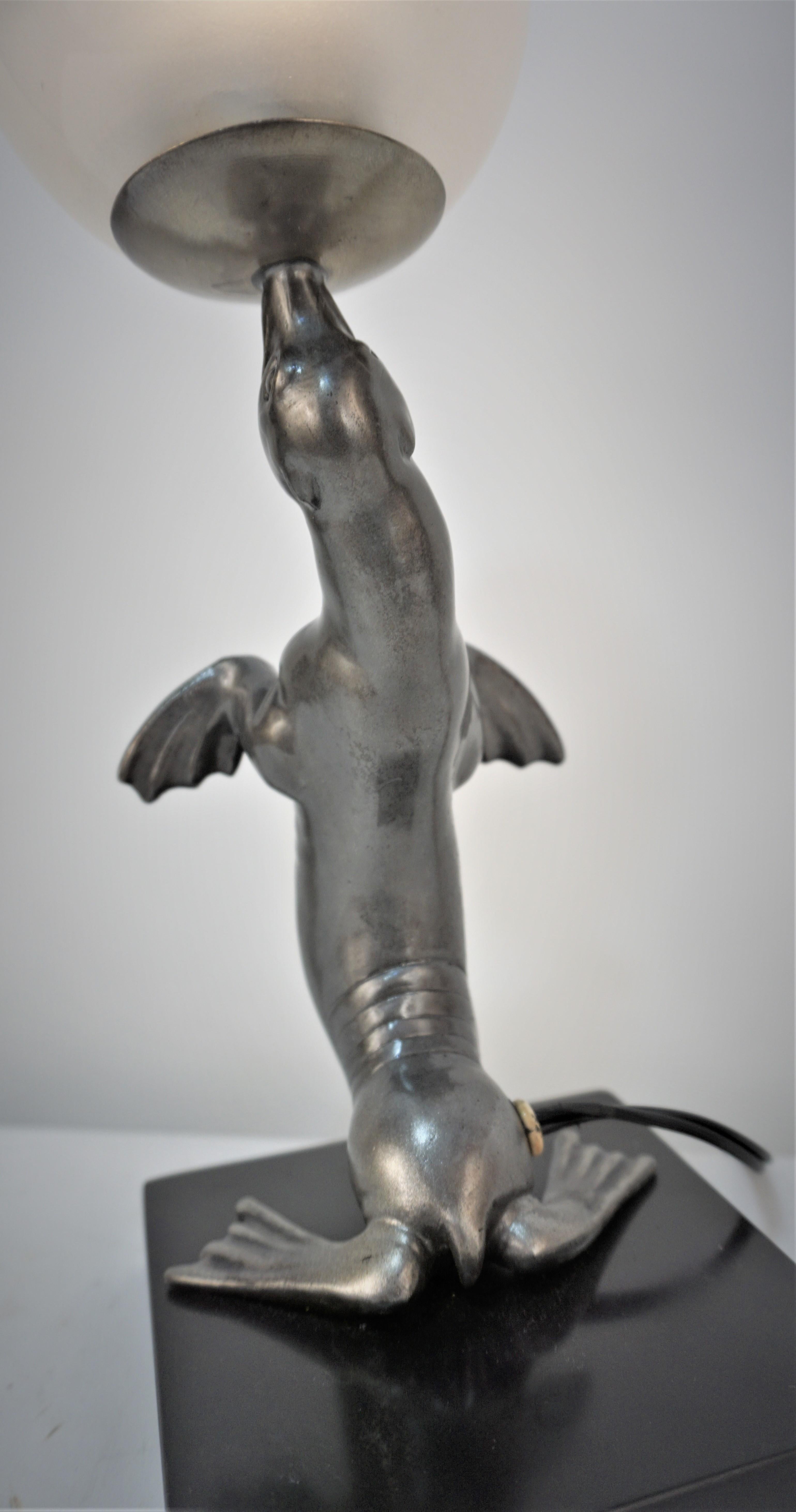 Metal L. A. Carvin French Art Deco Sea-Lion Lamp Playing with Ball For Sale