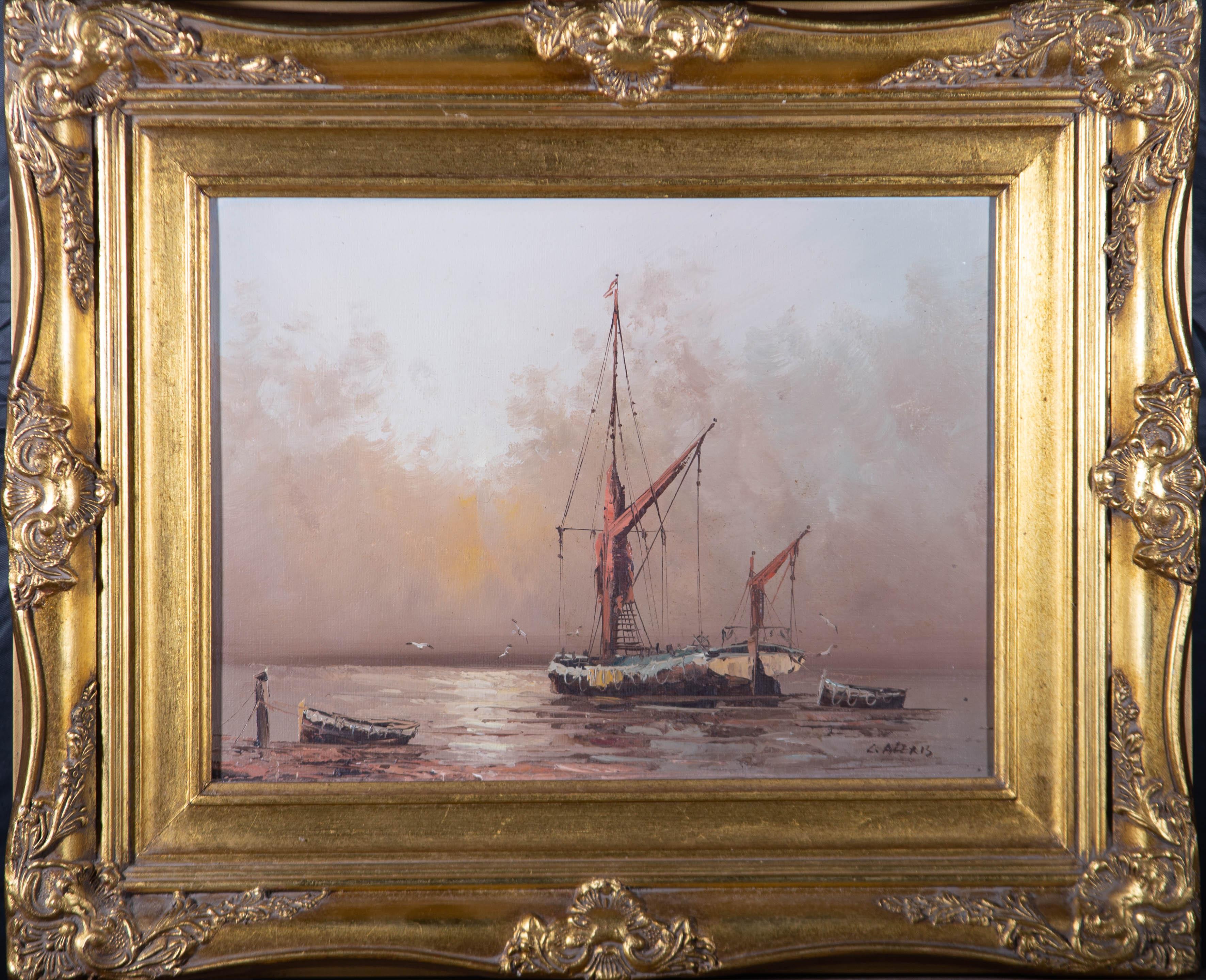 A seascape featuring a fishing boat and two rowing boats at harbour. Presented in an ornate gilt-effect frame. Signed to the lower-right edge. On canvas board.
