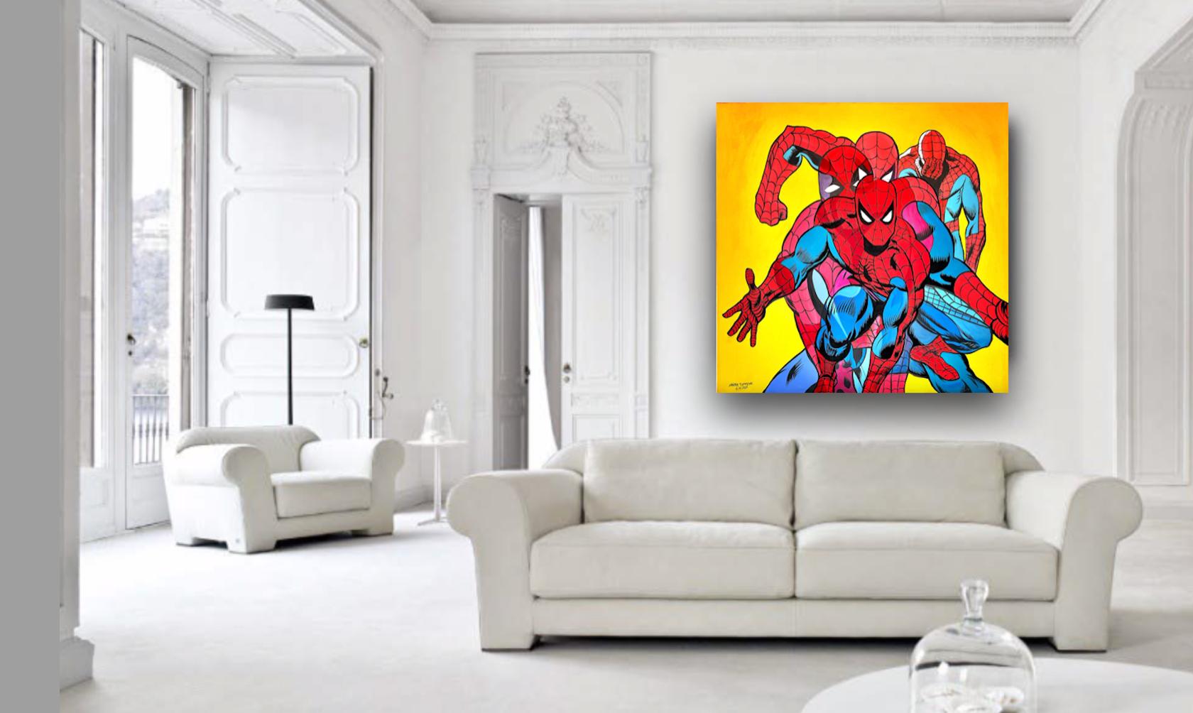 Artist: L'Amour Supreme
Title: Emerging
Medium: Acrylic, mixed media on canvas
Size: 48 x 48 inches
Description:  From a hot yellow backdrop, emerges the multiple bright blue and red motions of Spiderman. 


Discovered as a teen by the seminal