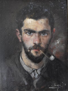 Léon Tanzi (1846-1913) Portrait of a bearded man with a pipe, 1878, signed oil  