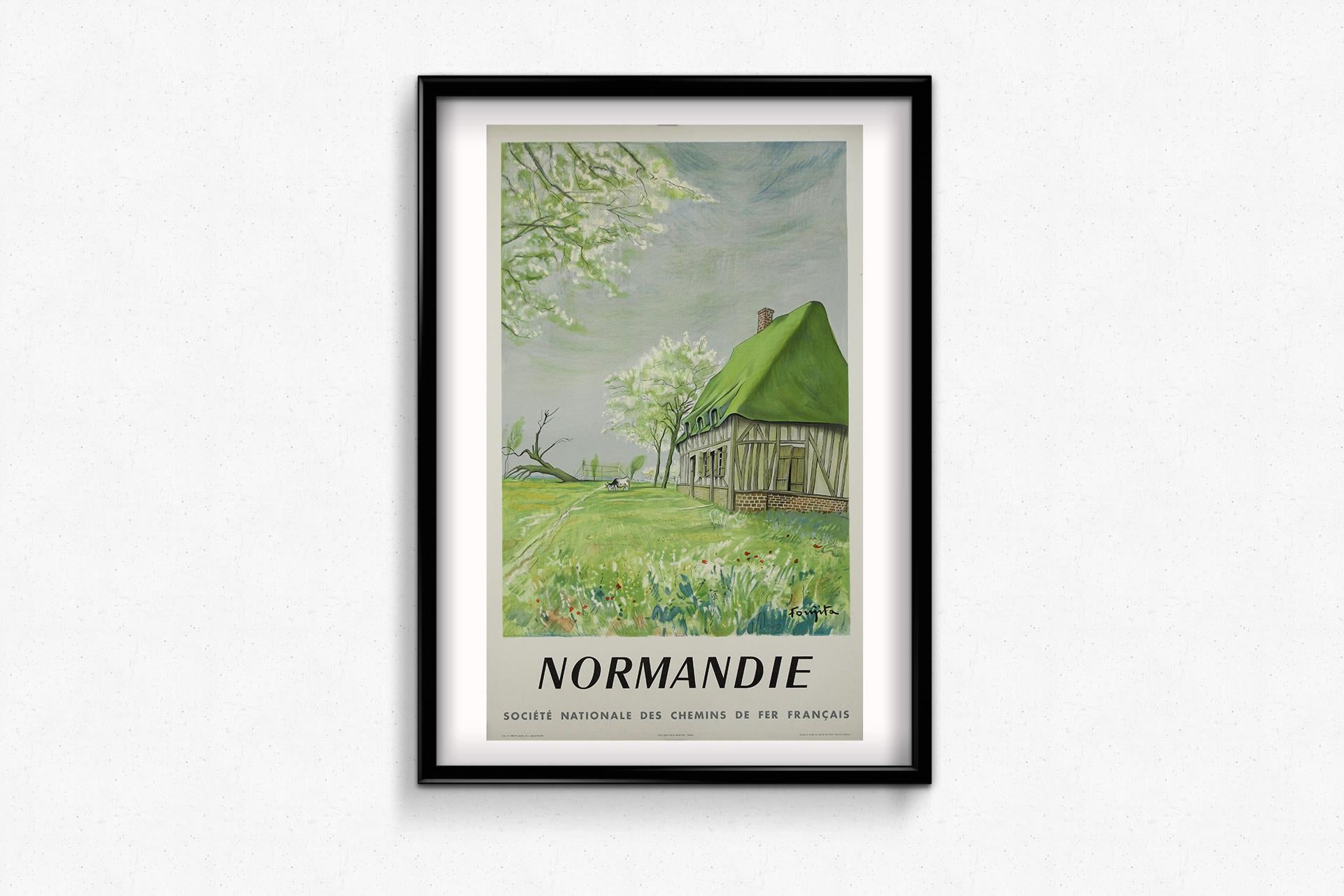 Affiche de voyage originale de 1958 de l'artiste franco-japonais Foujita - Normandie en vente 2