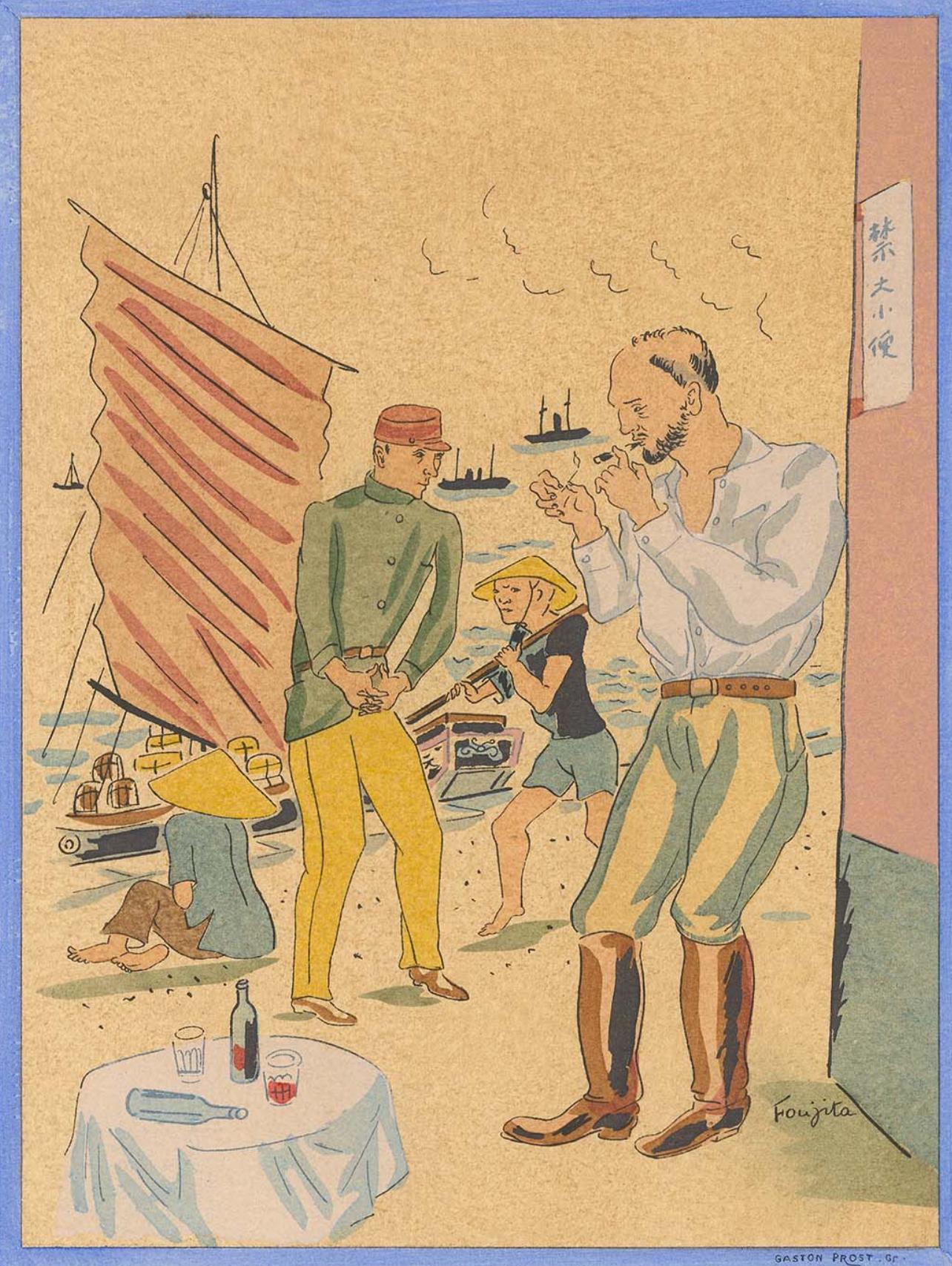 Lithograph, stencil on vélin paper. Paper size: 11.42 x 9.05 inches. Inscription: signed in the plate and unnumbered, as issued. Notes: from the folio, Propos d'un intoxiqué, Aquarelles de Foujita, 1929. Published by Éditions Javal et Bourdeaux,