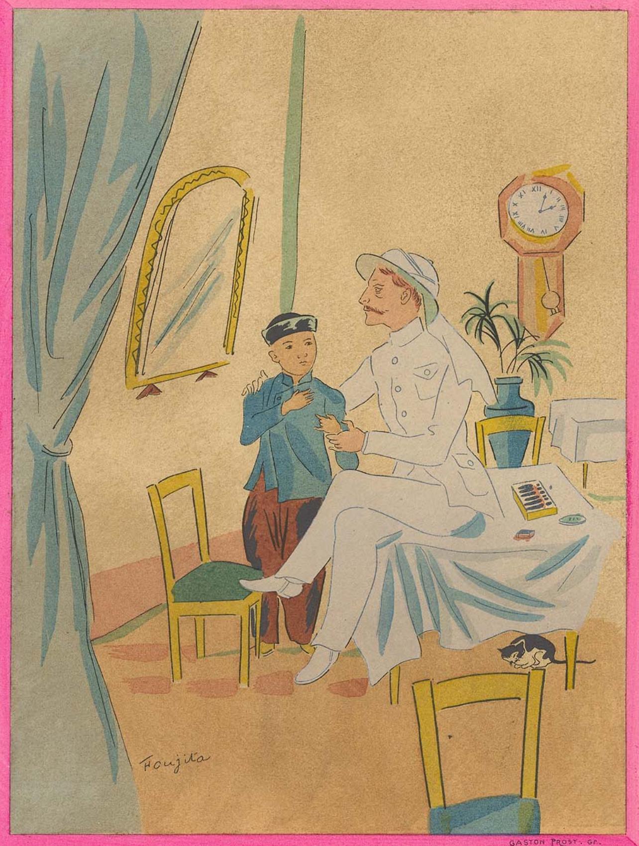 Lithograph, stencil on vélin paper. Paper size: 11.42 x 9.05 inches. Inscription: signed in the plate and unnumbered, as issued. Notes: from the folio, Propos d'un intoxiqué, Aquarelles de Foujita, 1929. Published by Éditions Javal et Bourdeaux,