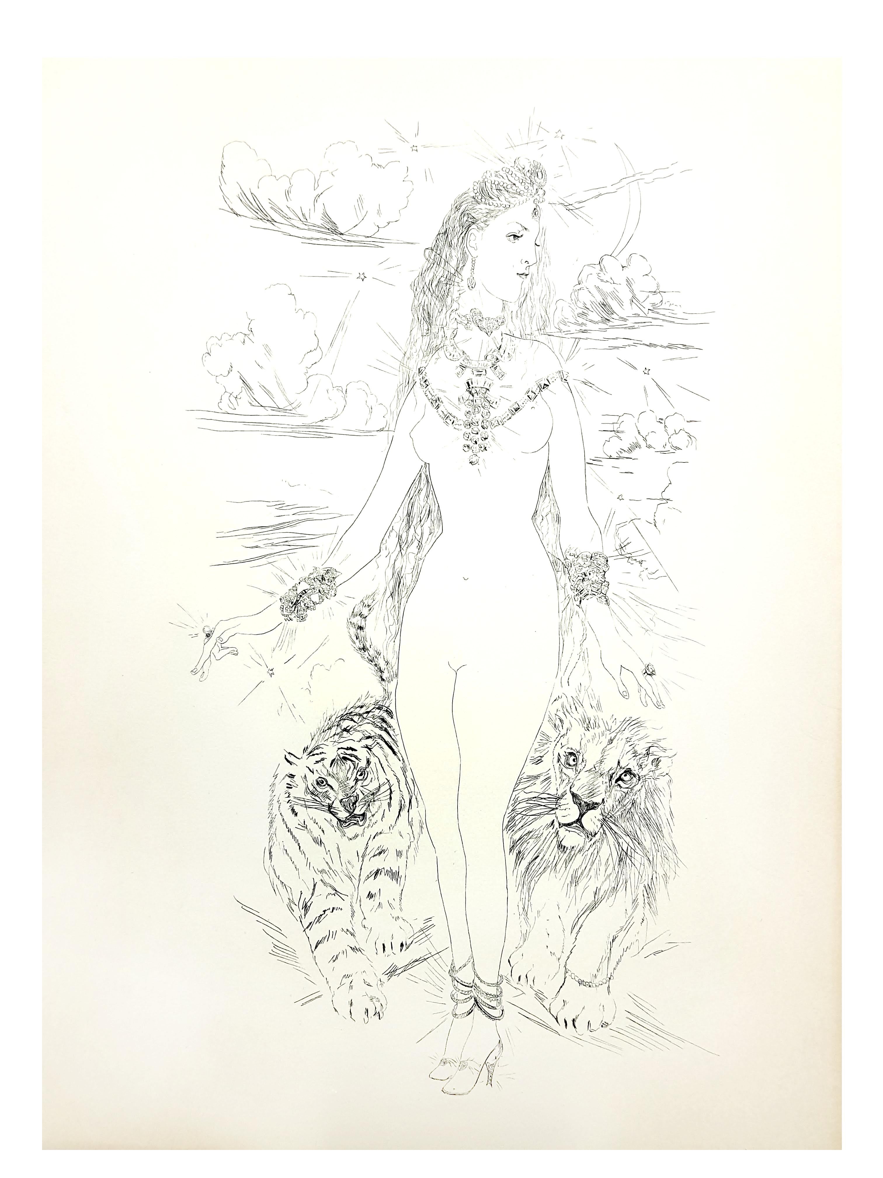 Leonard Foujita - Woman with Felines - Original Engraving - Print by Léonard Tsugouharu Foujita