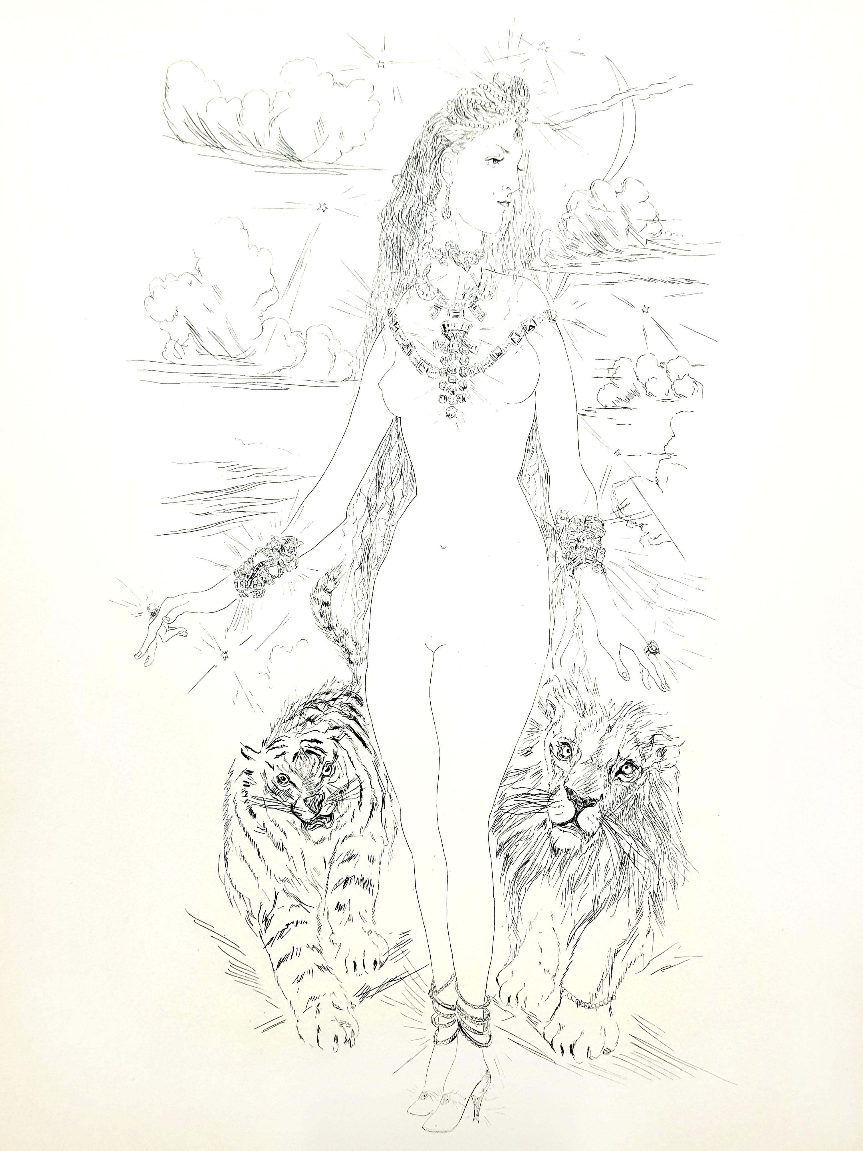 Leonard Foujita - Woman with Felines - Original Engraving