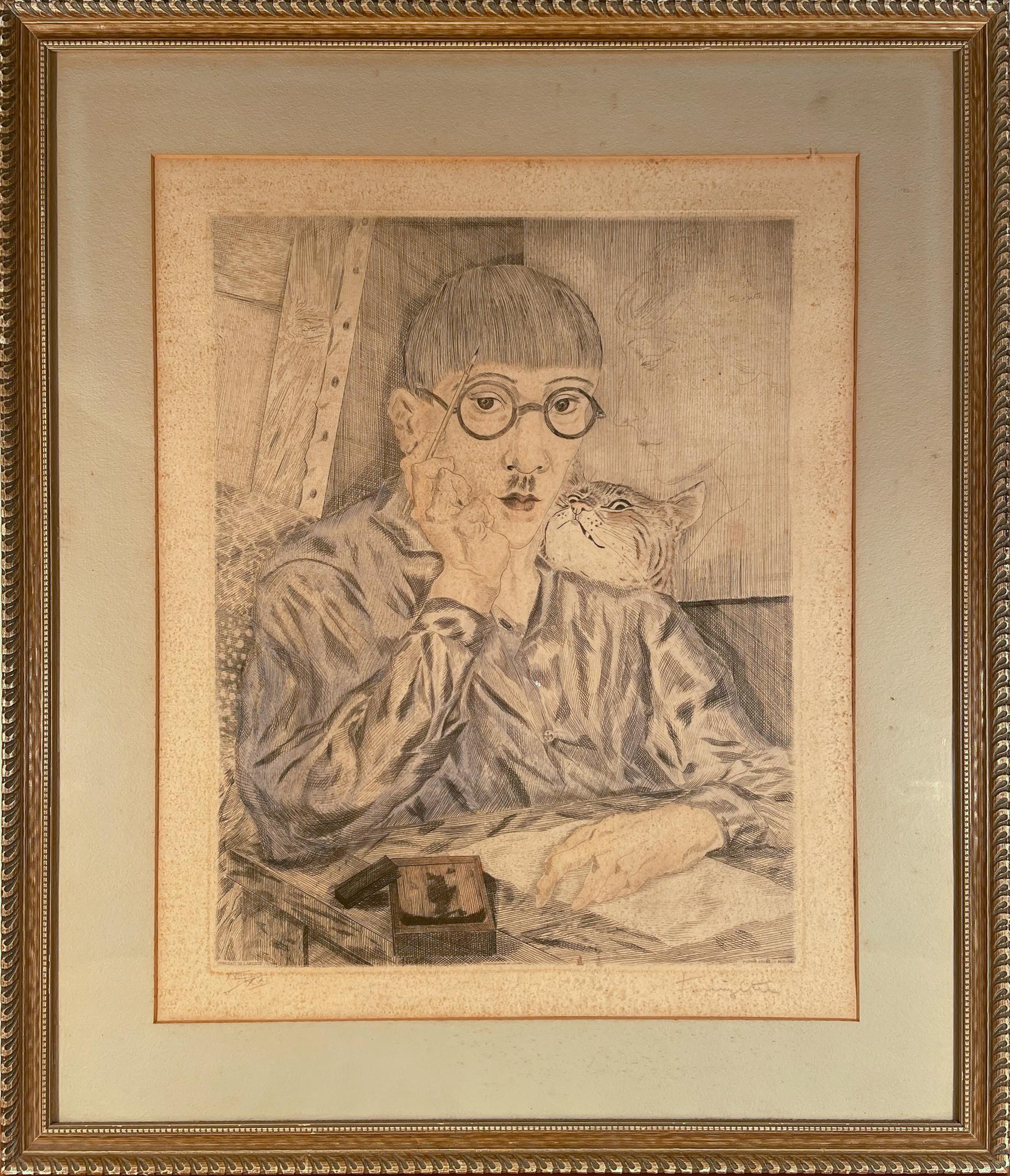 Self-Portrait With Cat - Print by Léonard Tsugouharu Foujita