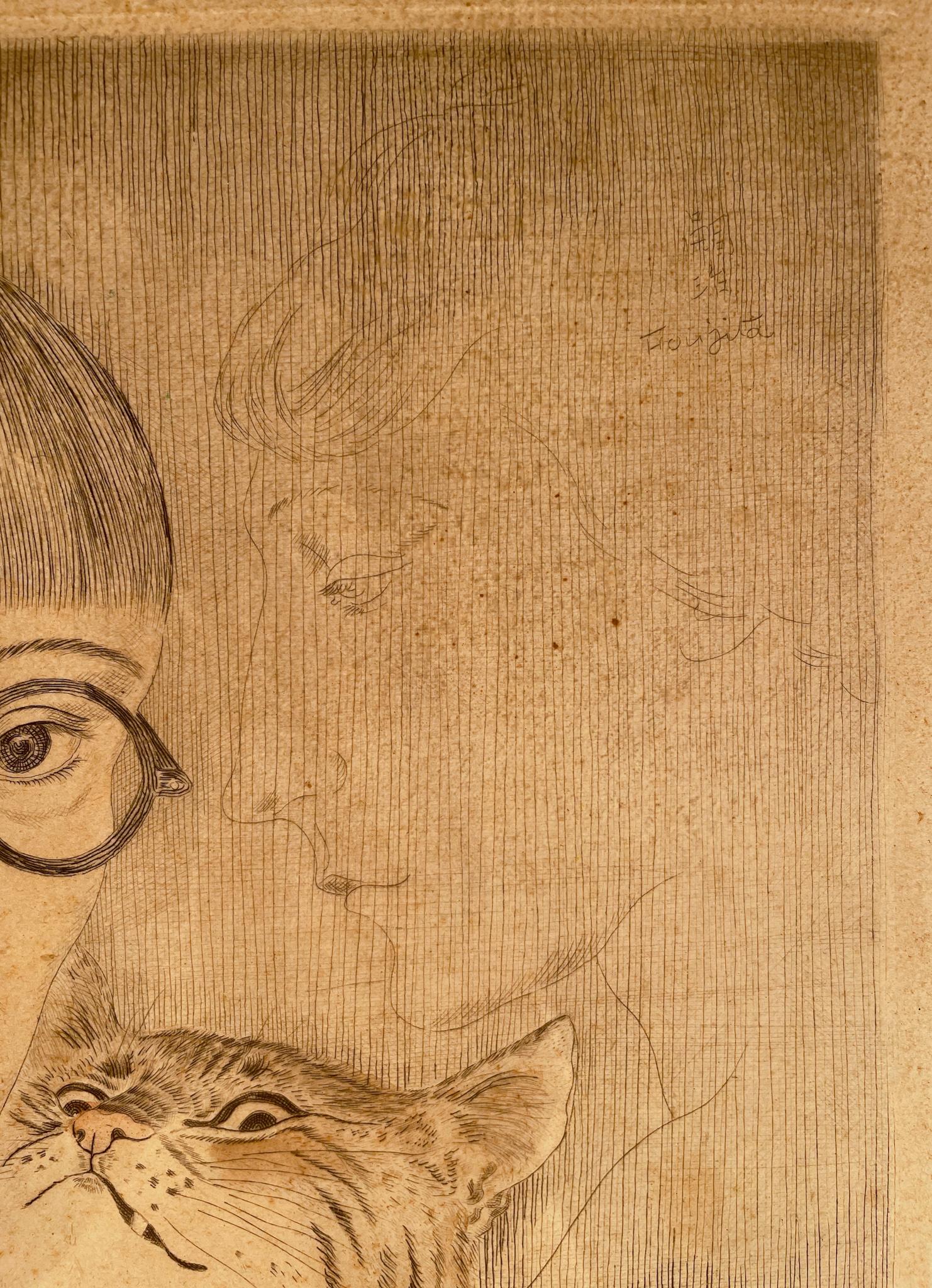 Self-Portrait With Cat - Brown Figurative Print by Léonard Tsugouharu Foujita