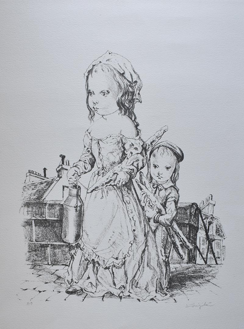 Jeune fille et enfant avec une baguette et une jarre de lait - Japonais français