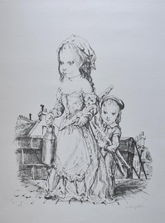 Young Girl and Child with Baguette and a Jar of Milk - French Japanese