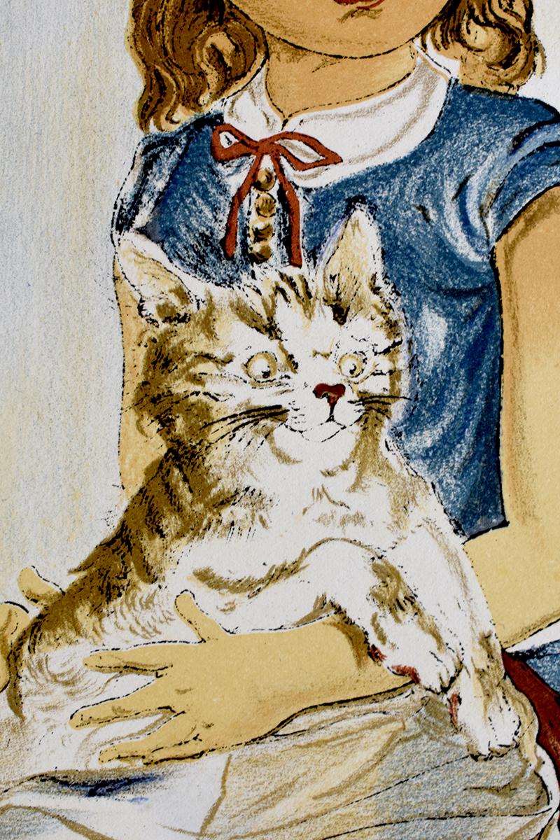 Jeune fille assise avec un chat - Japonais français en vente 2