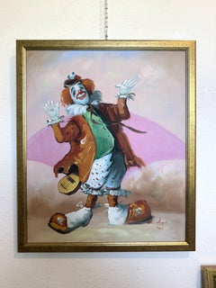 Oil Painting Clown Musician Signed L. Angeli Colorful Figurative Art Circus