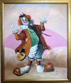 Oil Painting Clown Musician Signed L. Angeli Colorful Figurative Art Circus