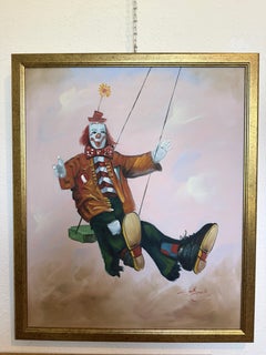 Oil Painting Clown on Swing Signed L. Angeli Colorful Figurative Art Circus