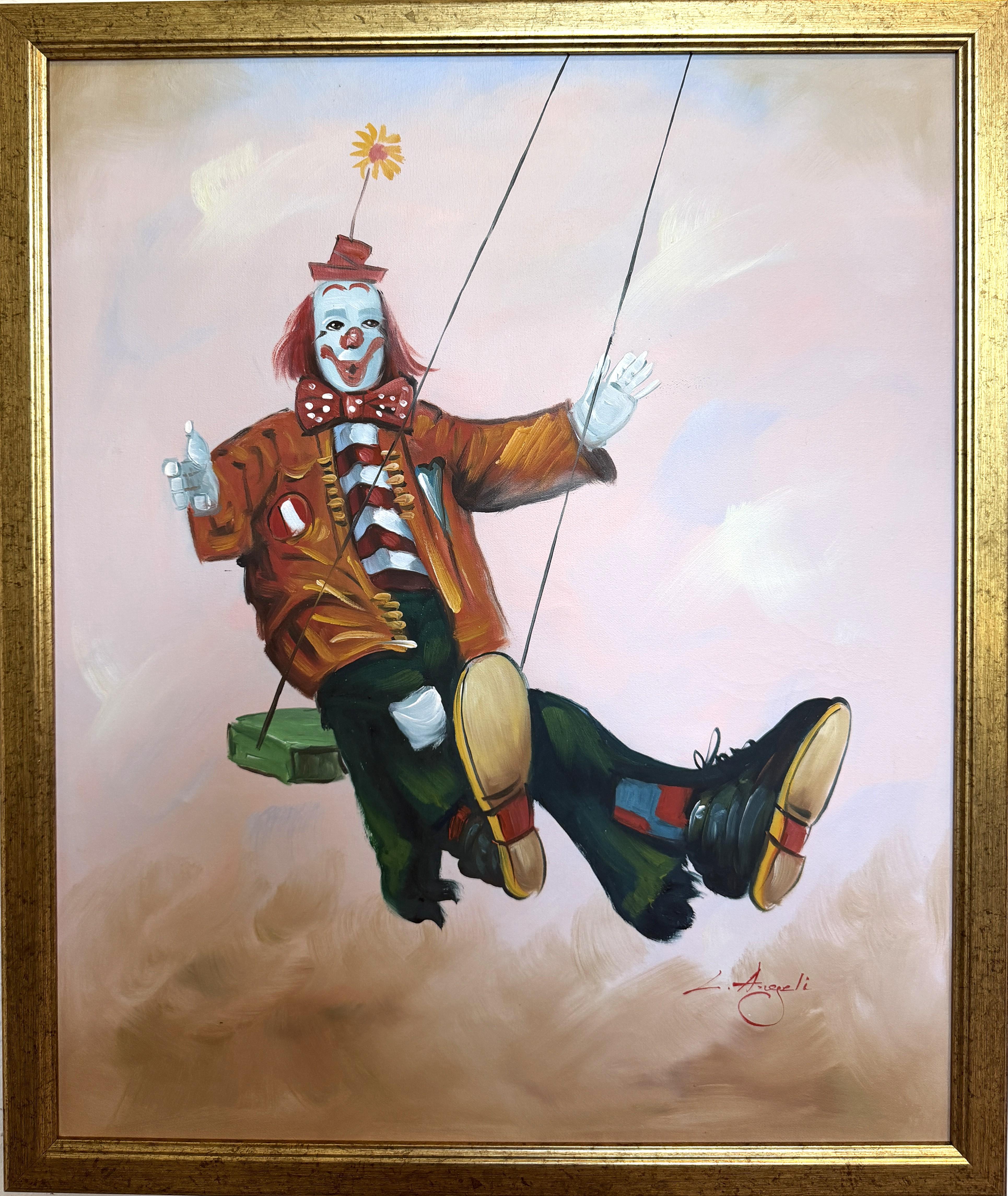 Oil Painting Clown on Swing Signed L. Angeli Colorful Figurative Art Circus