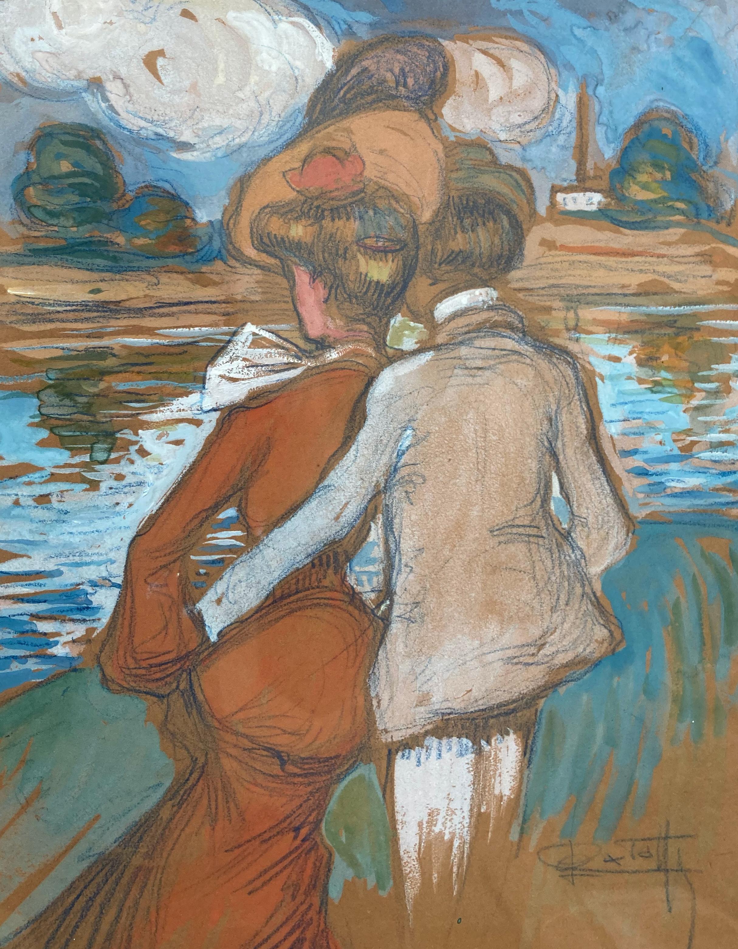 Les Amants (Die Liebhaber – antike impressionistische Figurenmalerei des 20. Jahrhunderts) – Painting von L. B. Carayon
