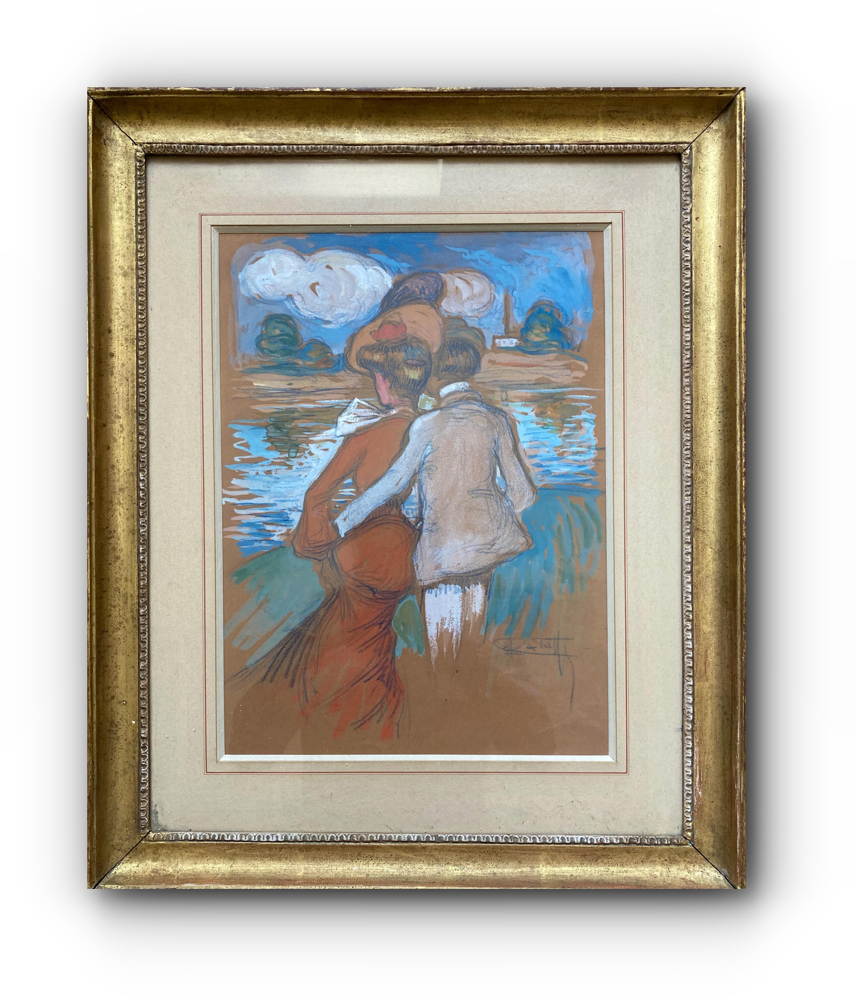 L. B. Carayon Figurative Painting - Les Amants (The Lovers - 20th Century Antique Impressionist Figure Painting)