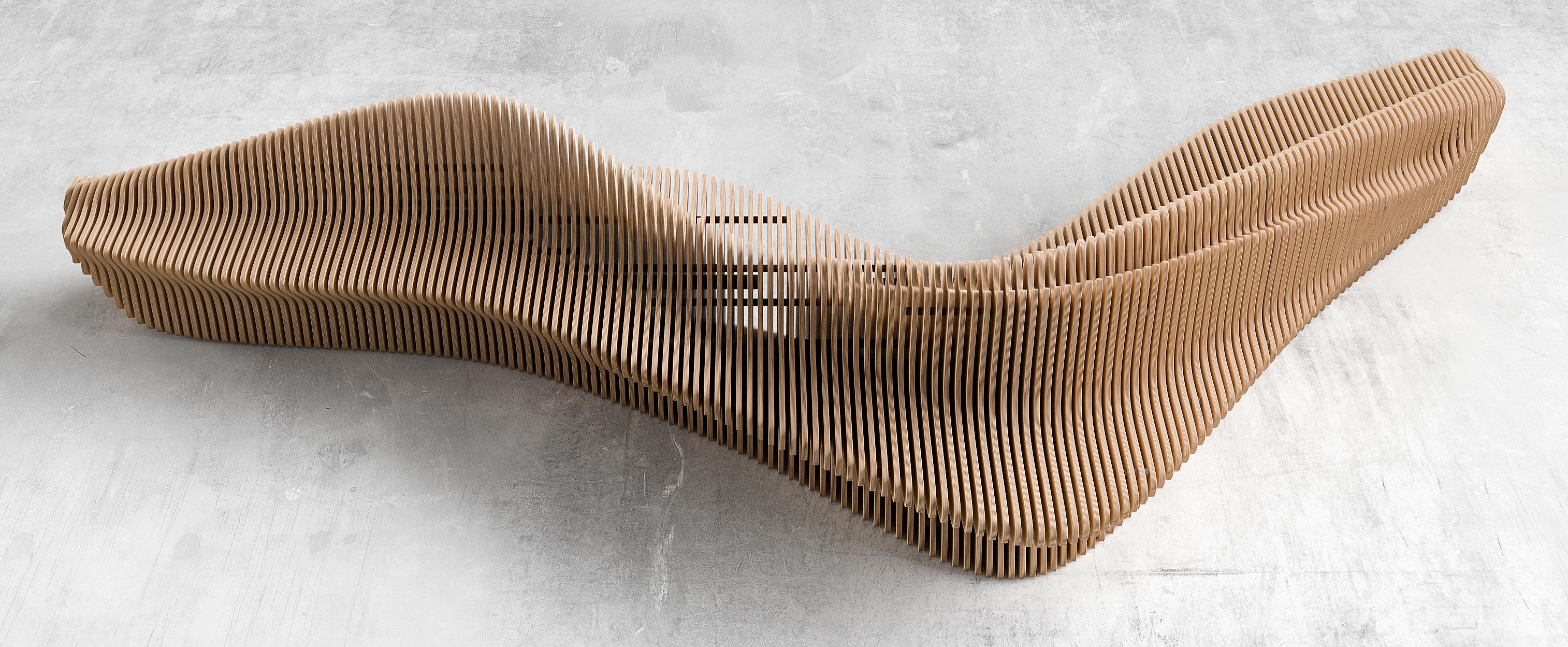 A sculptural double-sided bench designed for both functionality and aesthetics. Crafted from 18mm
plywood and reinforced with metal rods, its fluid, dynamic form allows seating from both sides, making it
ideal for public spaces, offices, and
