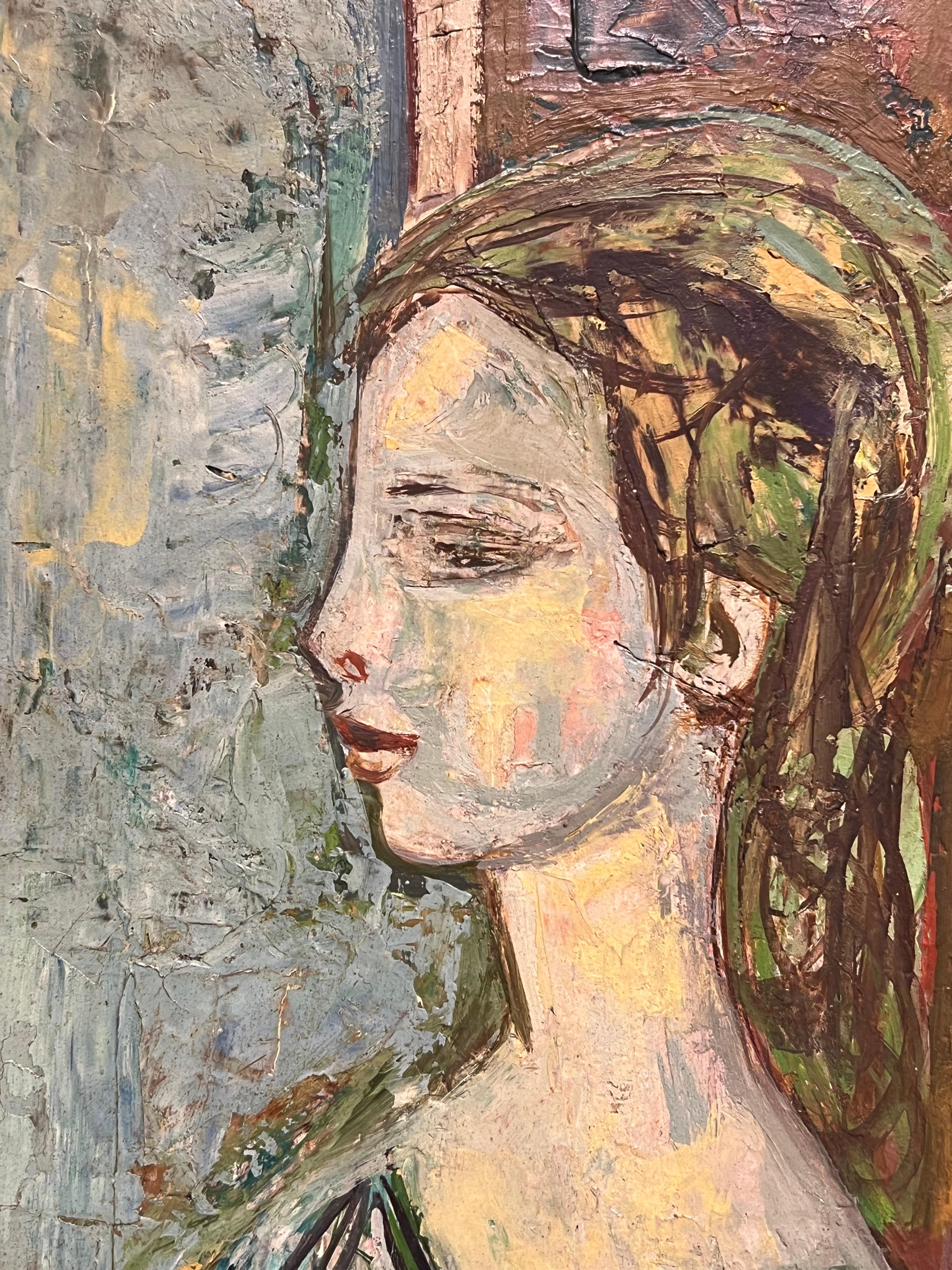 Ritratto di donna alla finestra, modernista francese degli anni '50, dipinto ad olio con texture - Painting Moderno di L Bernard