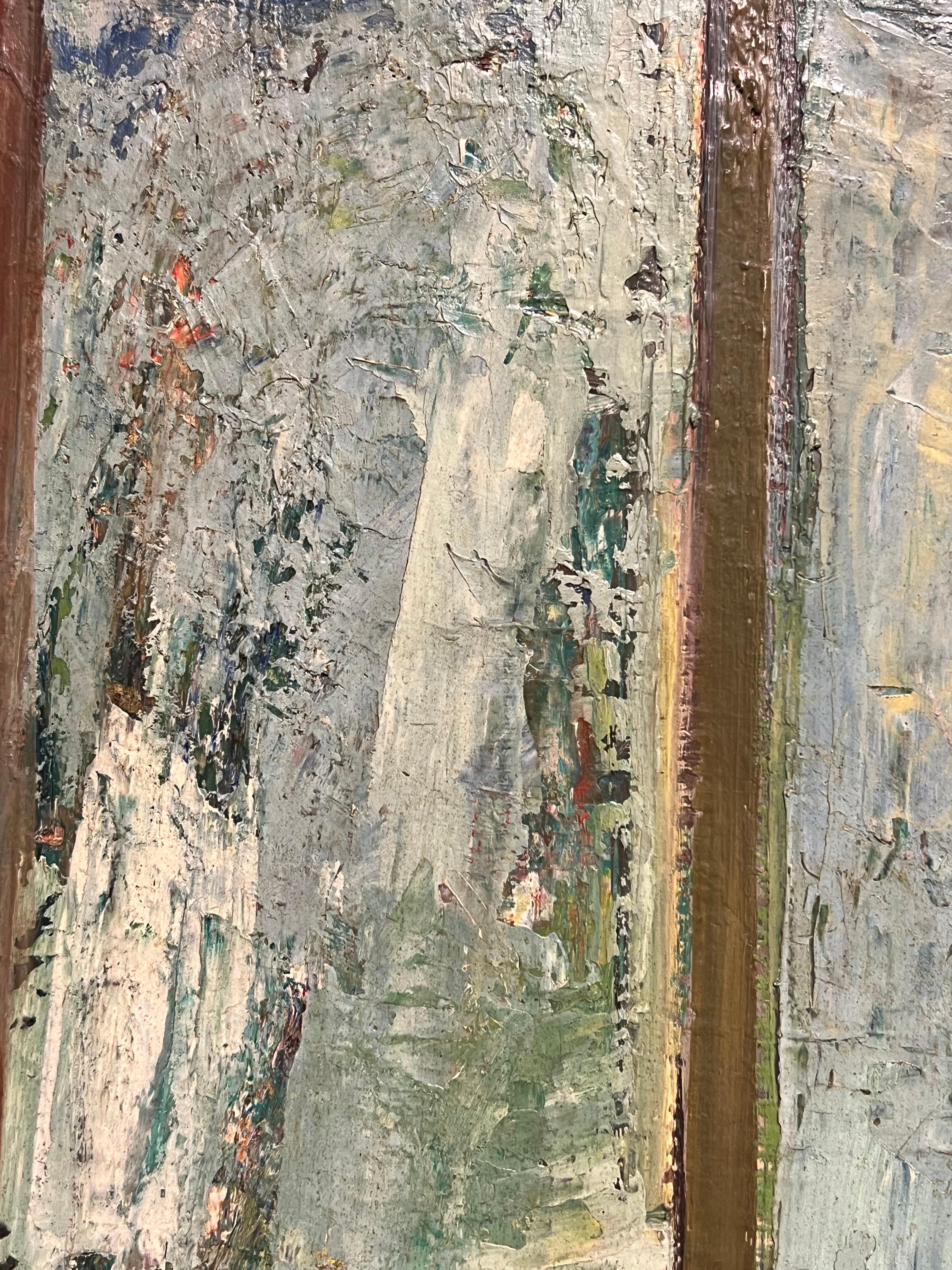 Ritratto di donna alla finestra, modernista francese degli anni '50, dipinto ad olio con texture in vendita 1