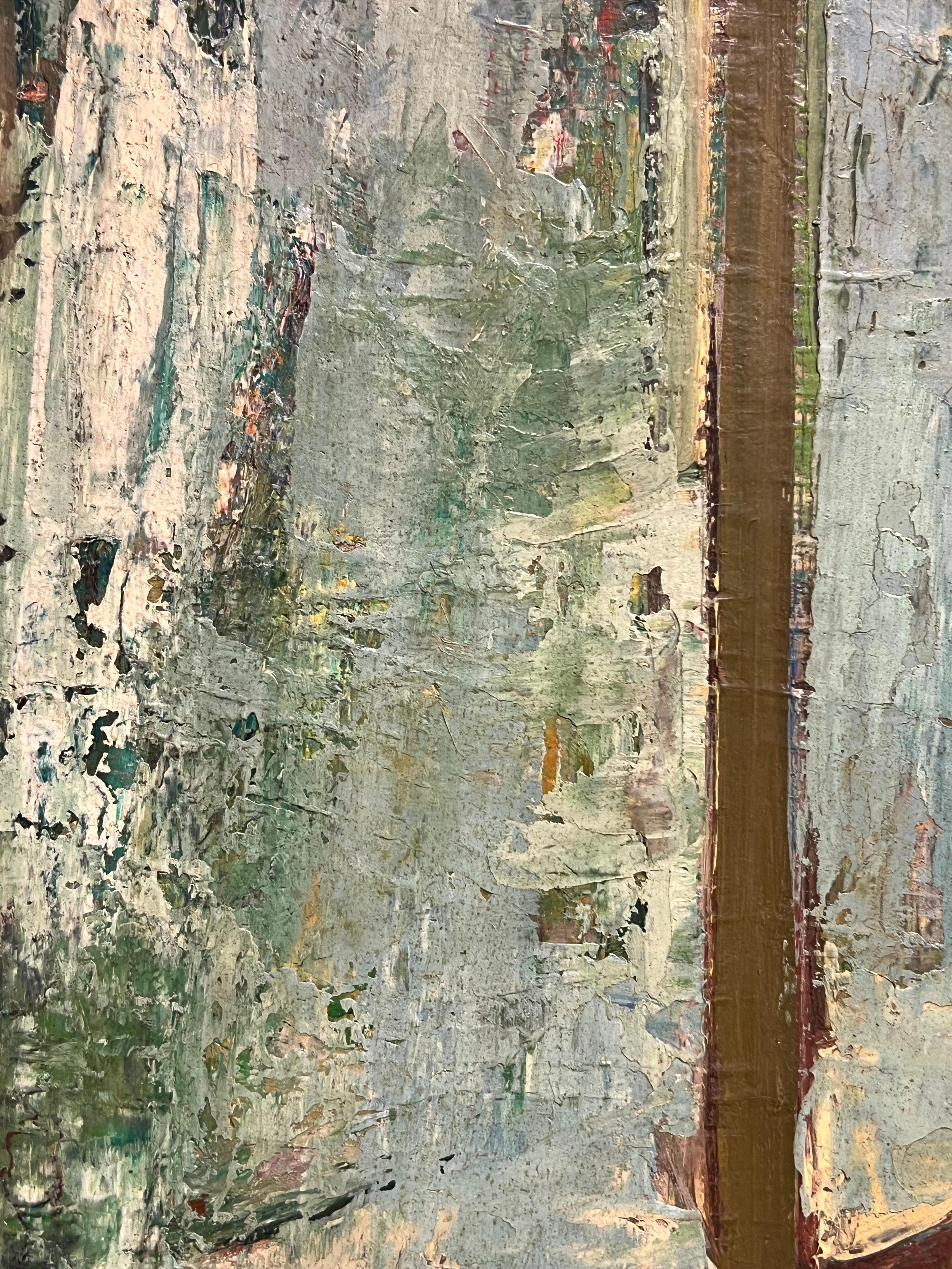 Ritratto di donna alla finestra, modernista francese degli anni '50, dipinto ad olio con texture in vendita 2