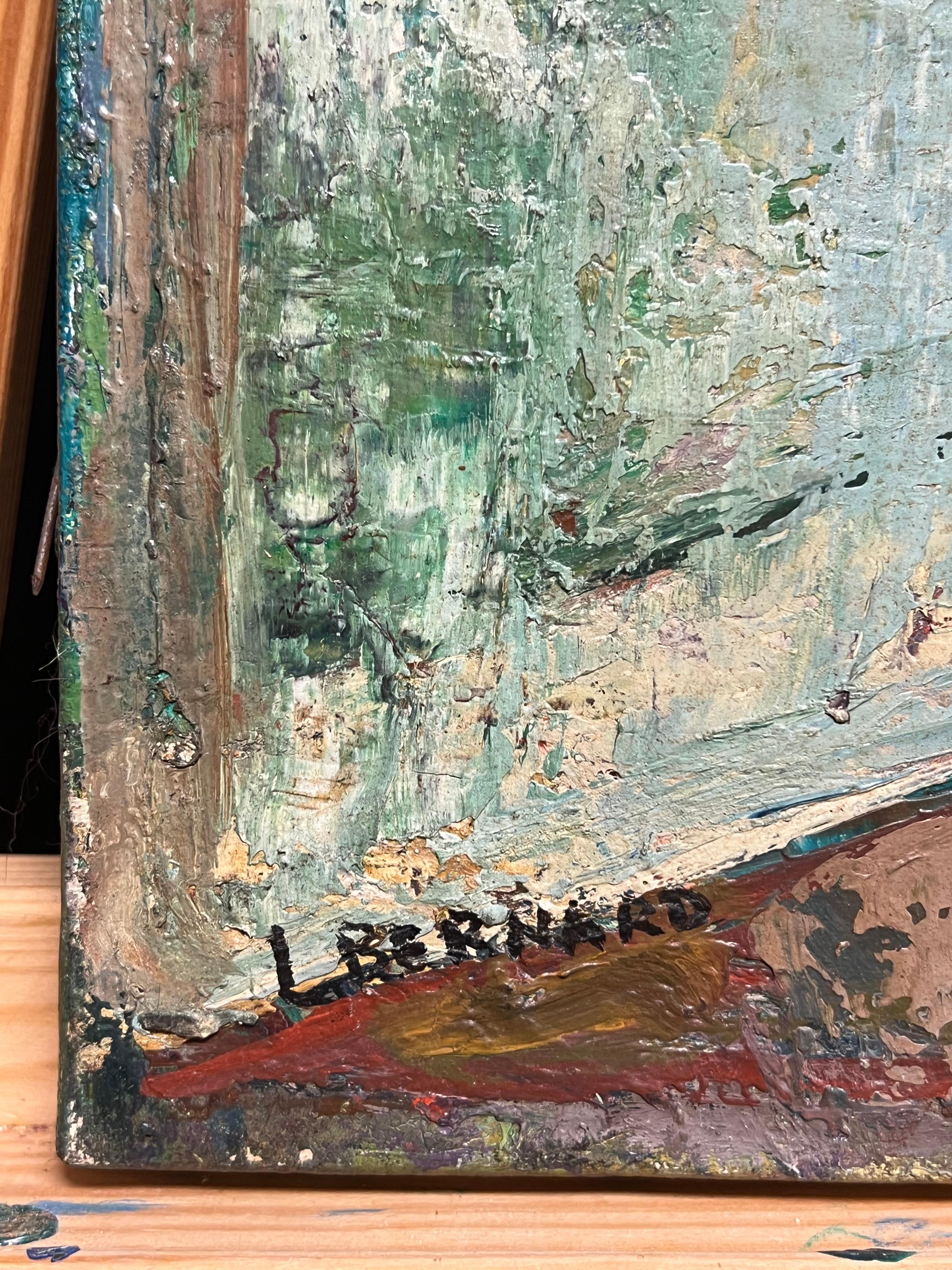 Ritratto di donna alla finestra, modernista francese degli anni '50, dipinto ad olio con texture in vendita 3