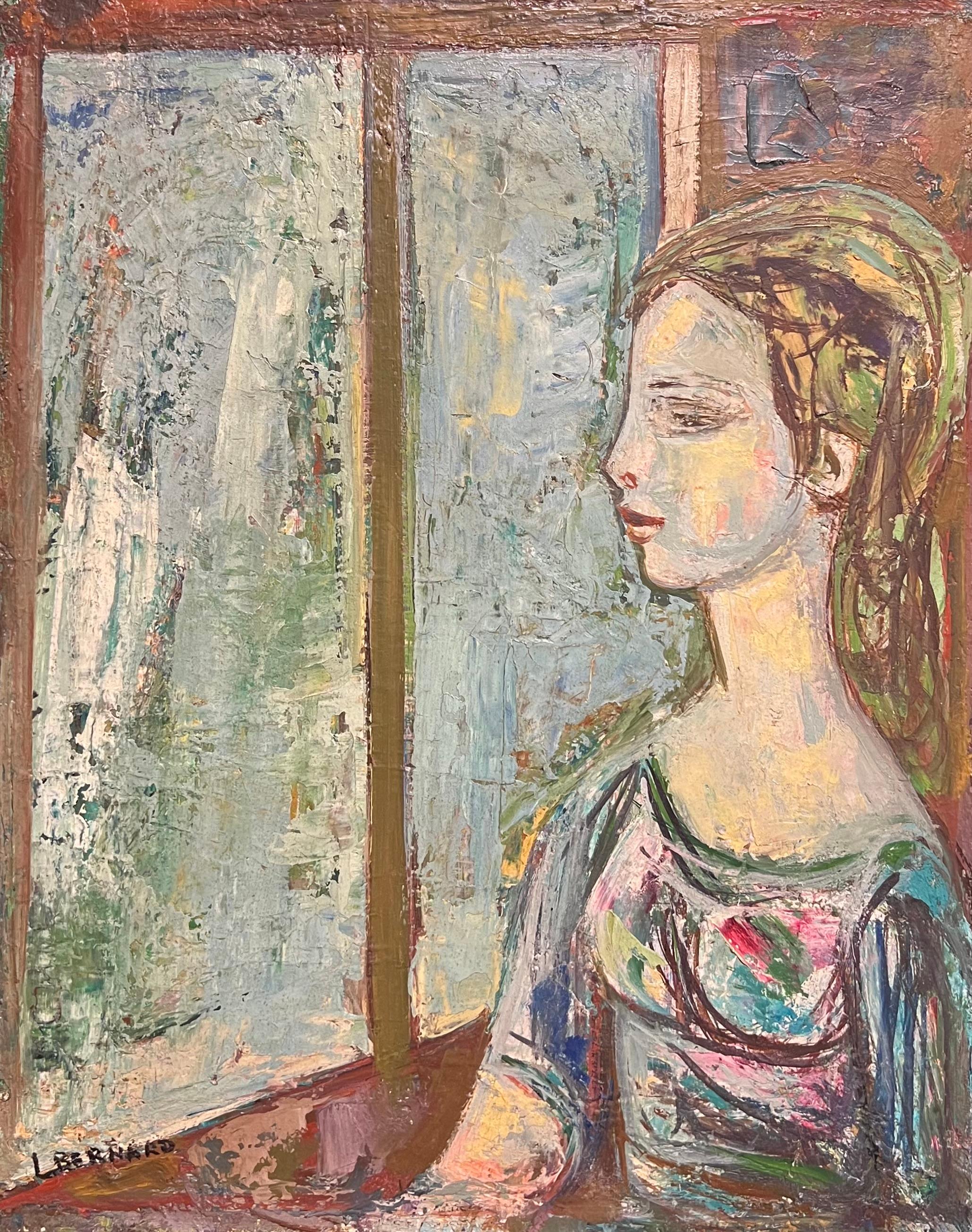 Figurative Painting di L Bernard - Ritratto di donna alla finestra, modernista francese degli anni '50, dipinto ad olio con texture