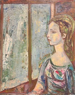 1950's French Modernist Portrait of Woman by the Window Textured Oil Painting