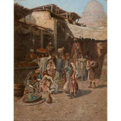 Orientalist Oil Painting of a Market Scene by Bernard