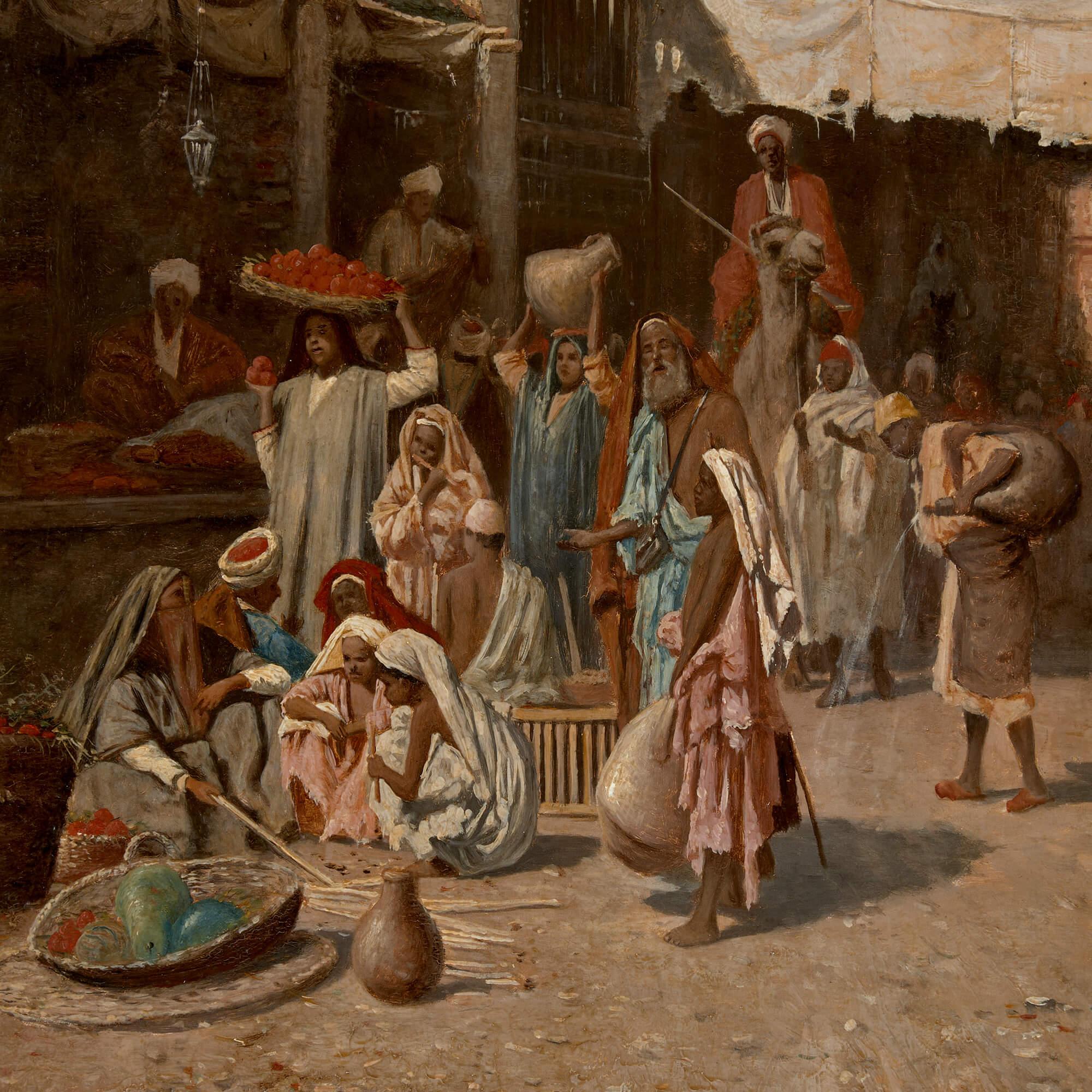 Orientalist oil painting of a market scene by Bernard 
Continental, Late 19th Century 
Panel: Height 53cm, width 41cm
Frame: Height 70cm, width 58cm, depth 6cm

This oil on panel by L. Bernard from the late 19th century depicts an Orientalist market