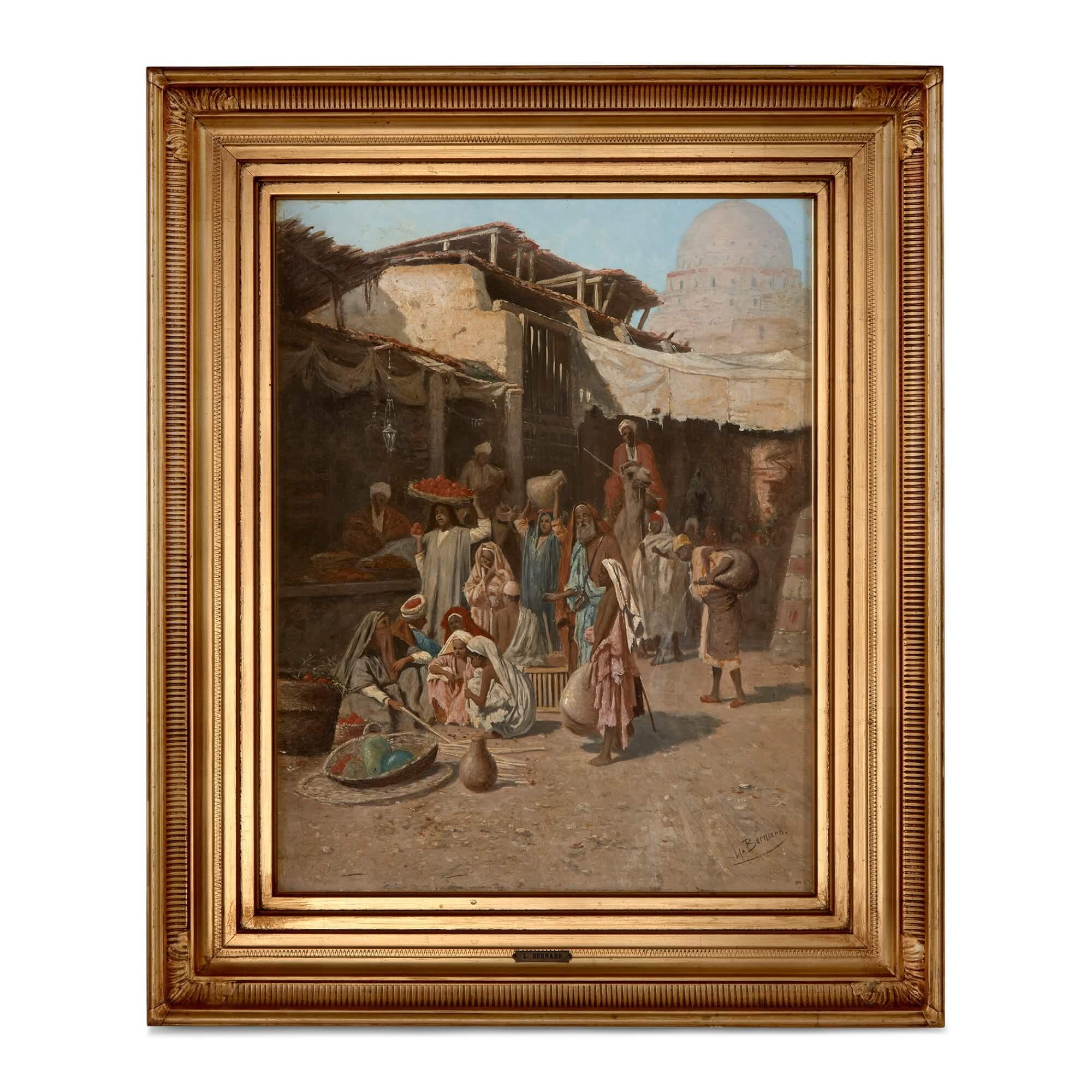 Figurative Painting di L. Bernard - Pittura ad olio orientalista di una scena di mercato di Bernard