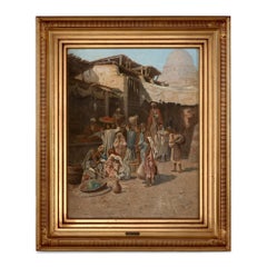 Peinture à l'huile orientaliste d'une scène de marché par Bernard 