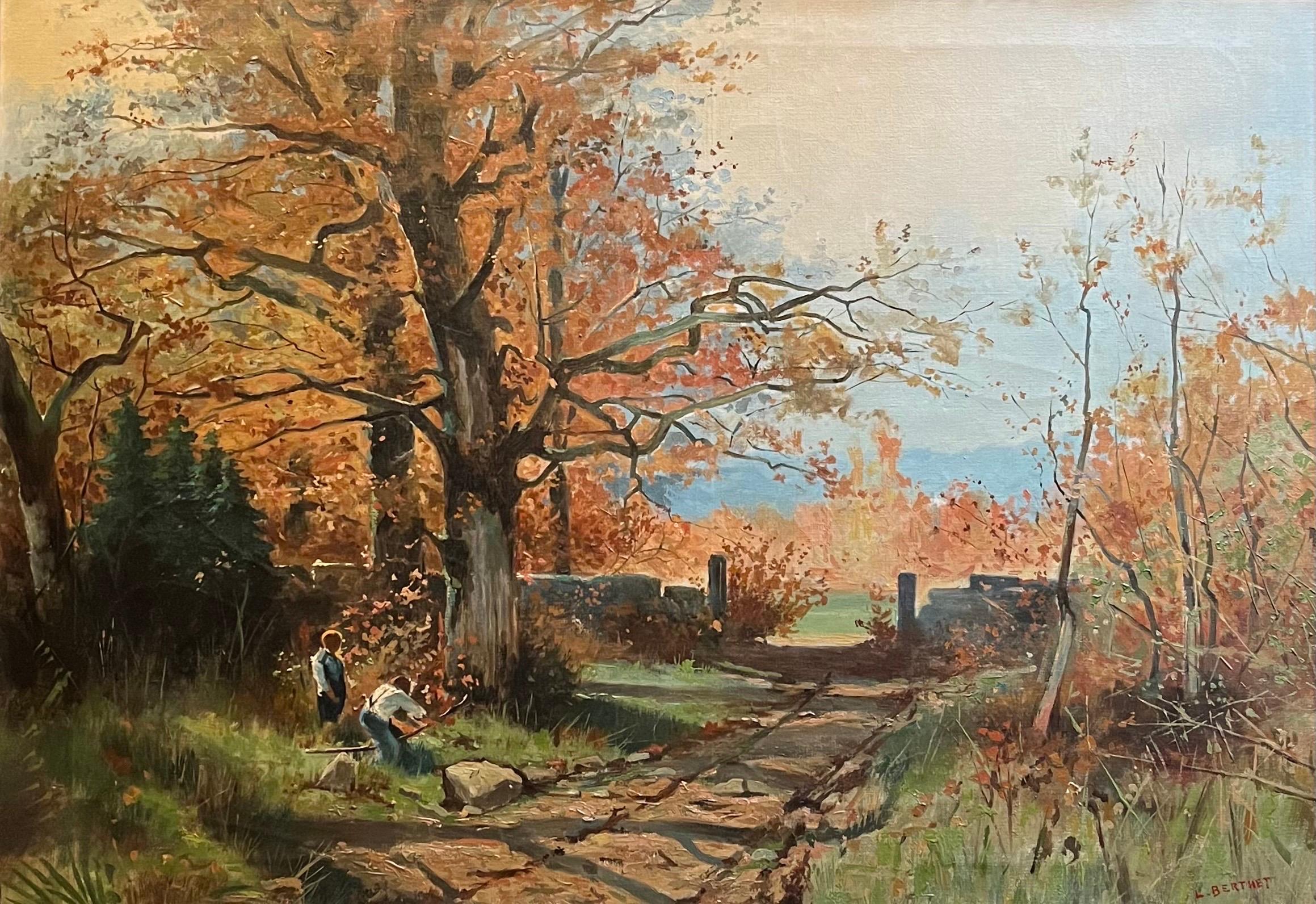 "Autumn Park" by L. Berthet - Oil on Canvas - 67x91 cm