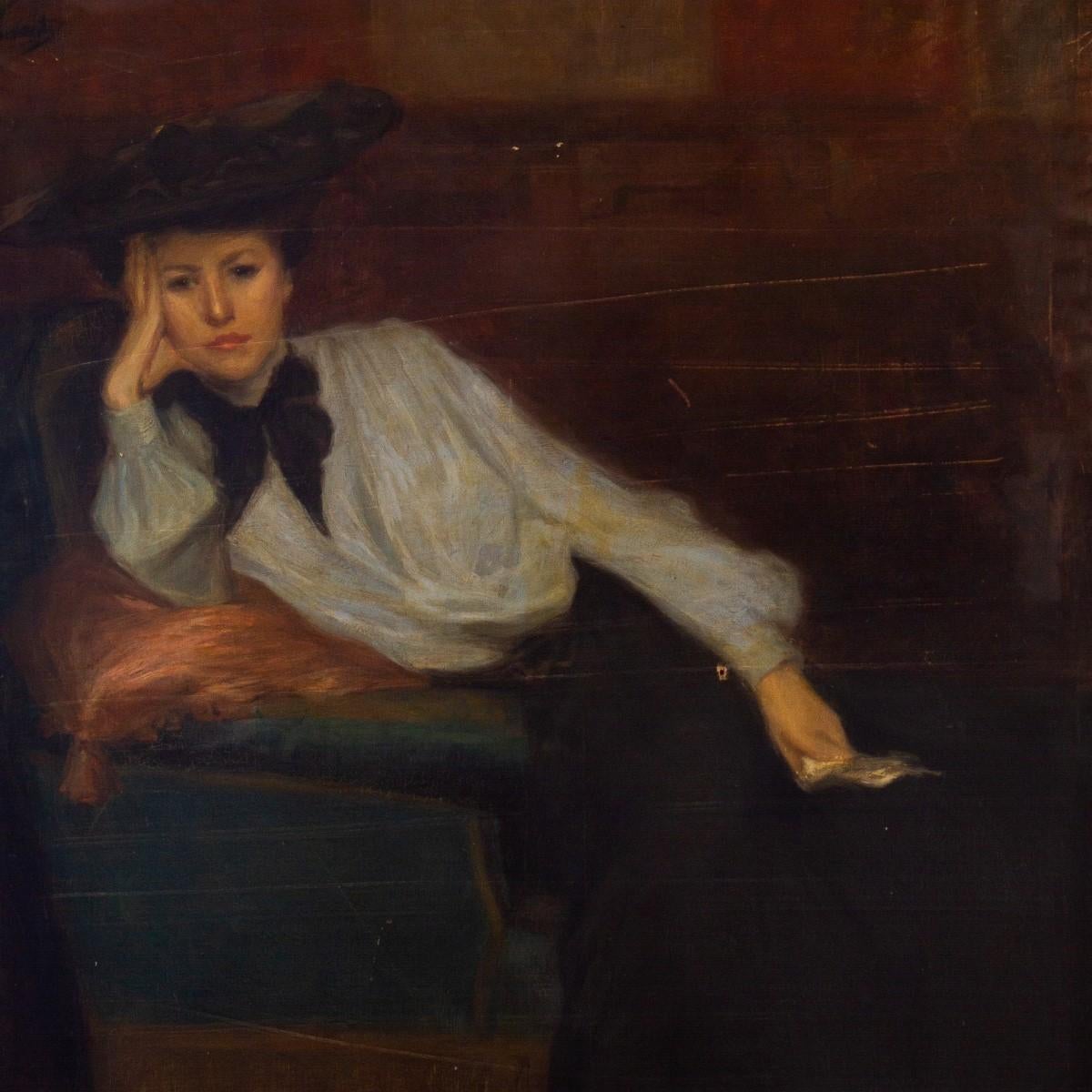 L. Besnard, French 19th Century Painting of a Pensive Woman, Original Frame In Fair Condition For Sale In Donhead St Mary, Wiltshire