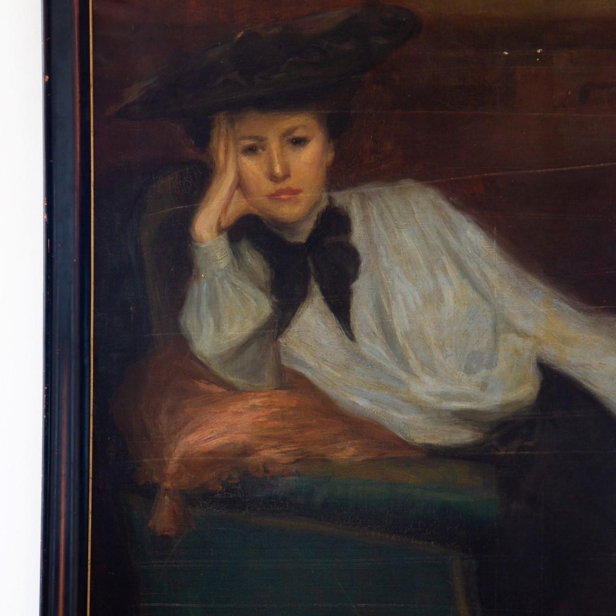 L. Besnard, French 19th Century Painting of a Pensive Woman, Original Frame For Sale 1