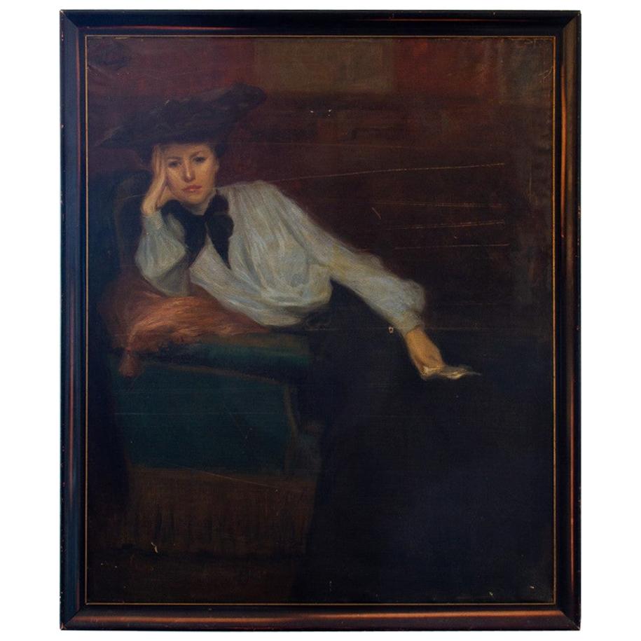 L. Besnard, French 19th Century Painting of a Pensive Woman, Original Frame