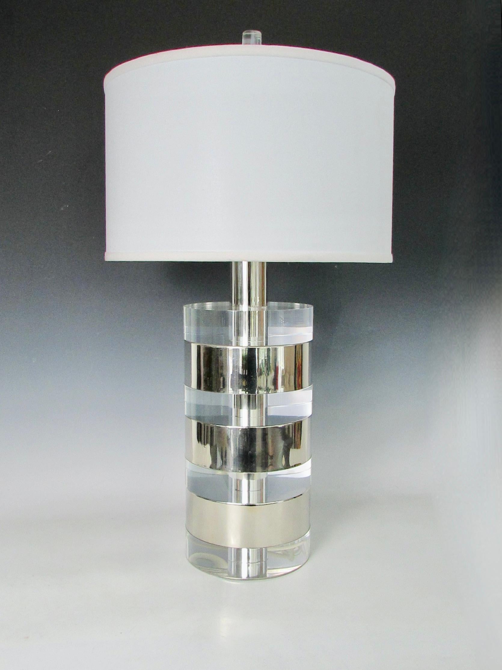 L. Bonan Italy Karl Springer era stacked lucite and nickel cylinder table lamp For Sale 3